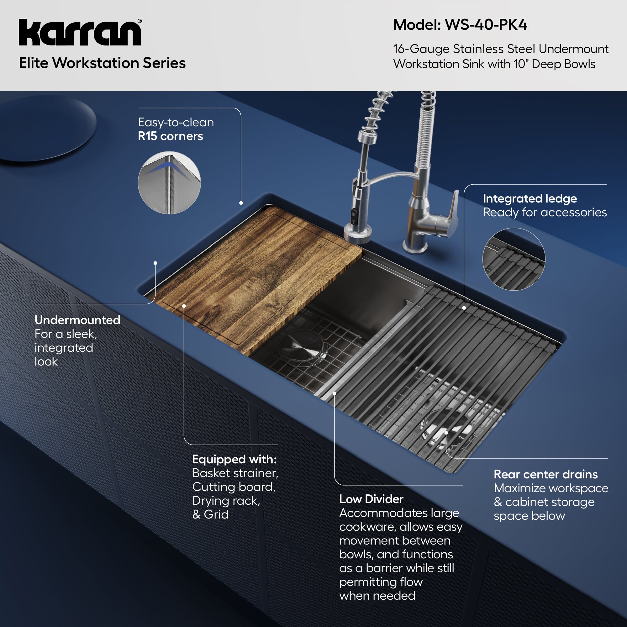 Karran Elite Workstation 32" Undermount Stainless Steel Kitchen Sink with Faucet and Accessories, 60/40 Double Bowl, Satin Brushed, 16 Gauge, WS-40-PK4