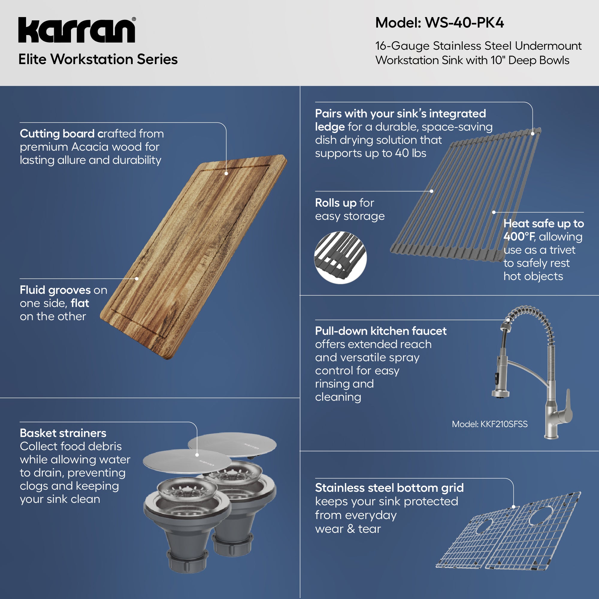 Karran Elite Workstation 32" Undermount Stainless Steel Kitchen Sink with Faucet and Accessories, 60/40 Double Bowl, Satin Brushed, 16 Gauge, WS-40-PK4