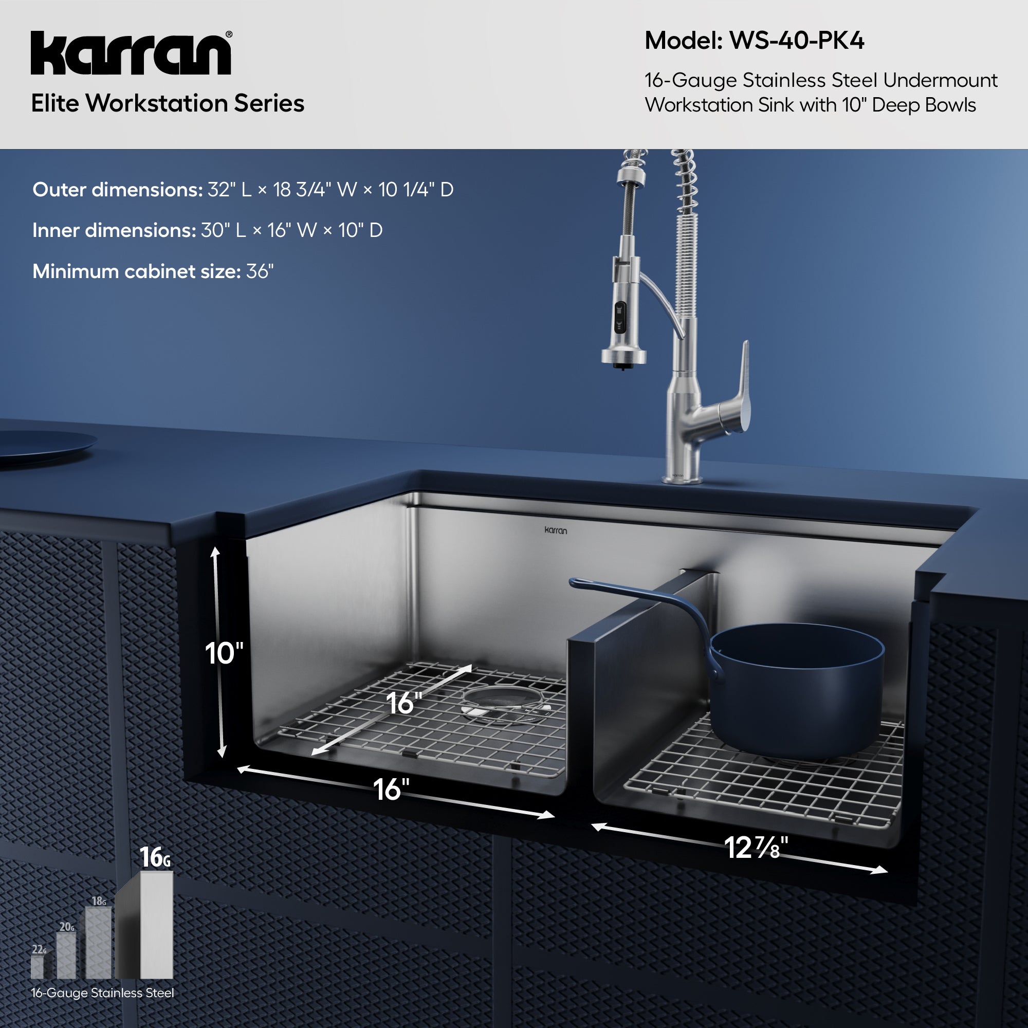 Karran Elite Workstation 32" Undermount Stainless Steel Kitchen Sink with Faucet and Accessories, 60/40 Double Bowl, Satin Brushed, 16 Gauge, WS-40-PK4
