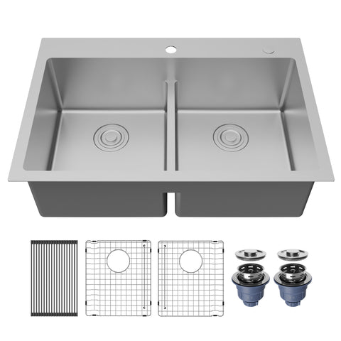 Karran Fusion 33" Drop In/Topmount Stainless Steel Kitchen Sink with Accessories, 50/50 Double Bowl, 16 Gauge, TMDB3321-PK1