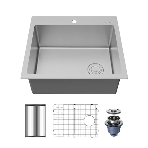 Karran Fusion 25" Drop In/Topmount Stainless Steel ADA Kitchen Sink with Accessories, 16 Gauge, TMSB2531-PK1