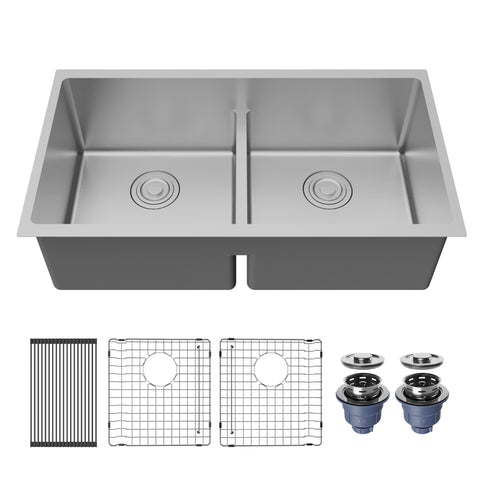 Karran Fusion 33" Undermount Stainless Steel ADA Kitchen Sink with Accessories, 50/50 Double Bowl, 16 Gauge, UUMDB3321-PK1