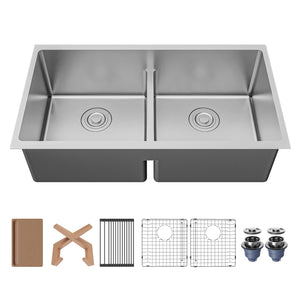Alternate Image for Karran Fusion 33" Undermount Stainless Steel ADA Workstation Kitchen Sink with Accessories, 50/50 Double Bowl, 16 Gauge, UUMDB3322-PK1