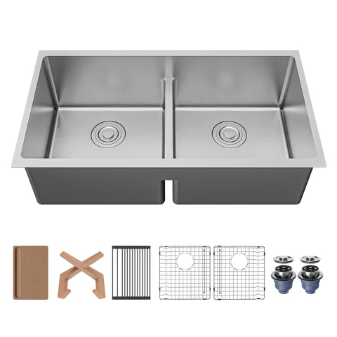 Karran Fusion 33" Undermount Stainless Steel ADA Workstation Kitchen Sink with Accessories, 50/50 Double Bowl, 16 Gauge, UUMDB3322-PK1