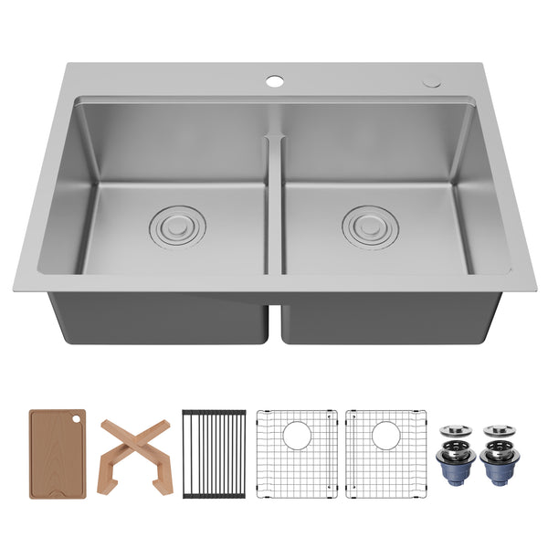 Karran Fusion 33" Drop In/Topmount Stainless Steel Workstation Kitchen Sink with Accessories, 50/50 Double Bowl, 16 Gauge, WSTMDB3323-PK1