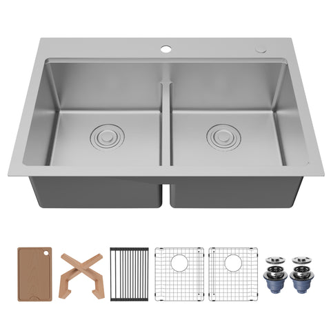 Karran Fusion 33" Drop In/Topmount Stainless Steel Workstation Kitchen Sink with Accessories, 50/50 Double Bowl, 16 Gauge, WSTMDB3323-PK1