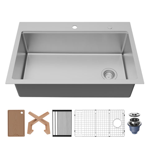 Karran Fusion 33" Drop In/Topmount Stainless Steel Workstation Kitchen Sink with Accessories, 16 Gauge, WSTMSB3333-PK1