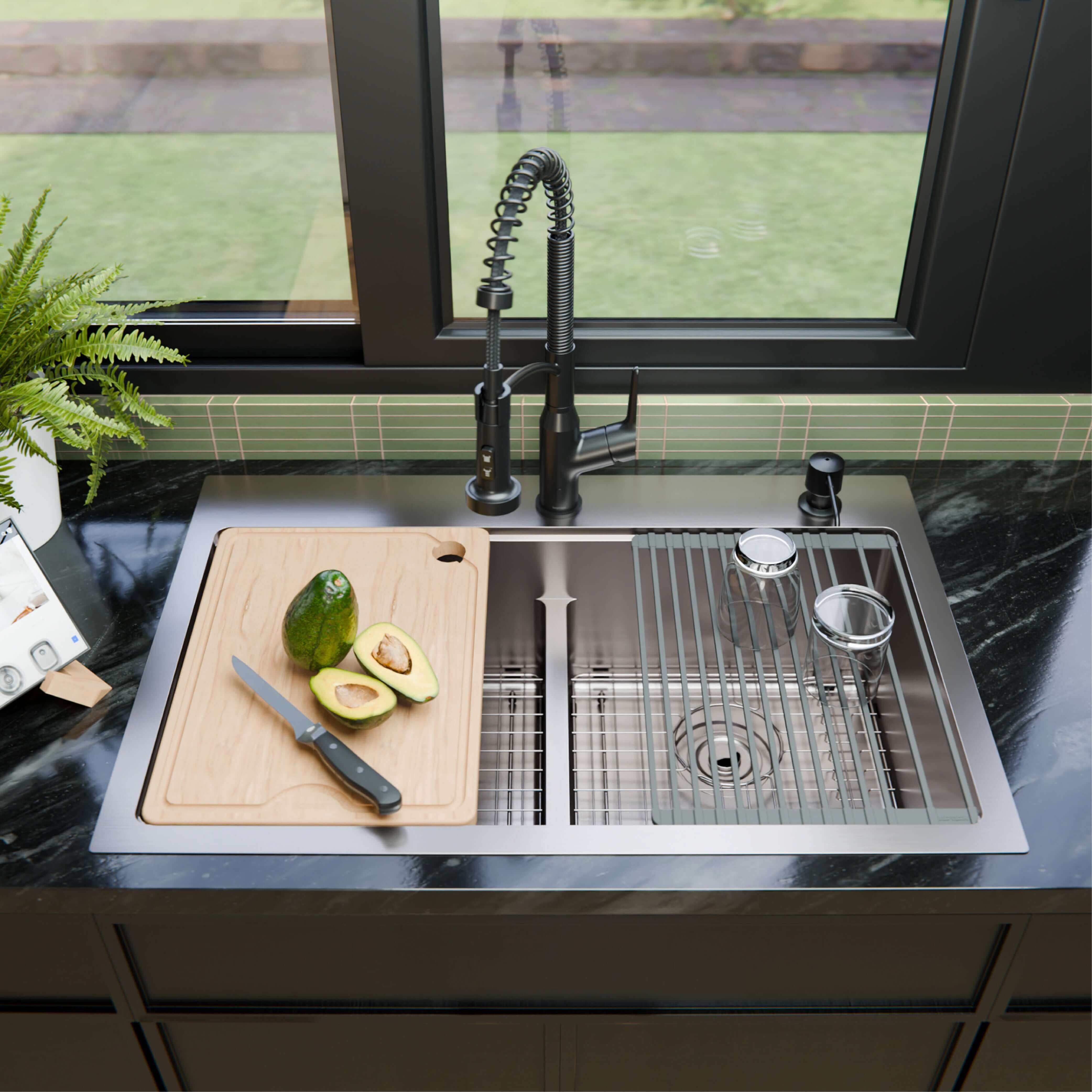 Karran Fusion 33" Drop In/Topmount Stainless Steel Workstation Kitchen Sink with Accessories, 50/50 Double Bowl, 16 Gauge, WSTMDB3323-PK1