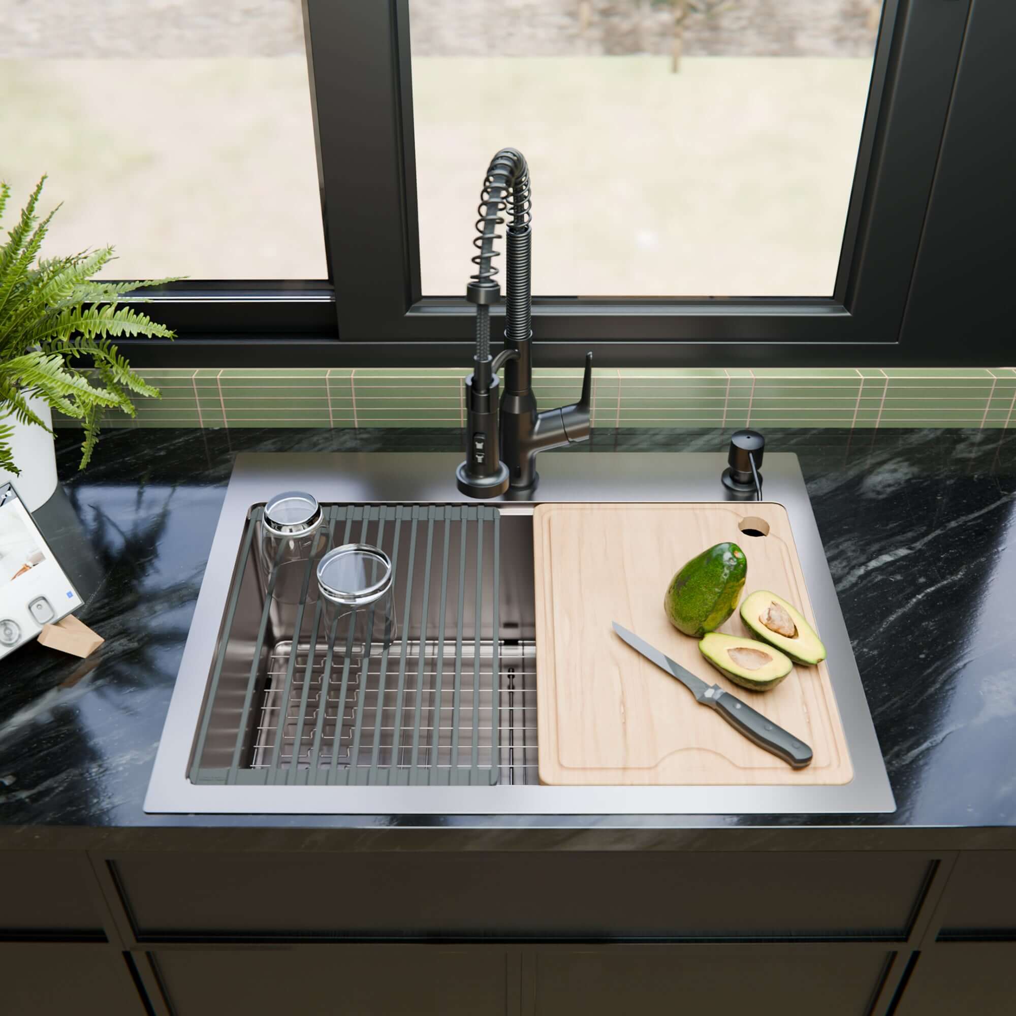 Karran Fusion 28" Drop In/Topmount Stainless Steel Workstation Kitchen Sink with Accessories, 16 Gauge, WSTMSB2833-PK1