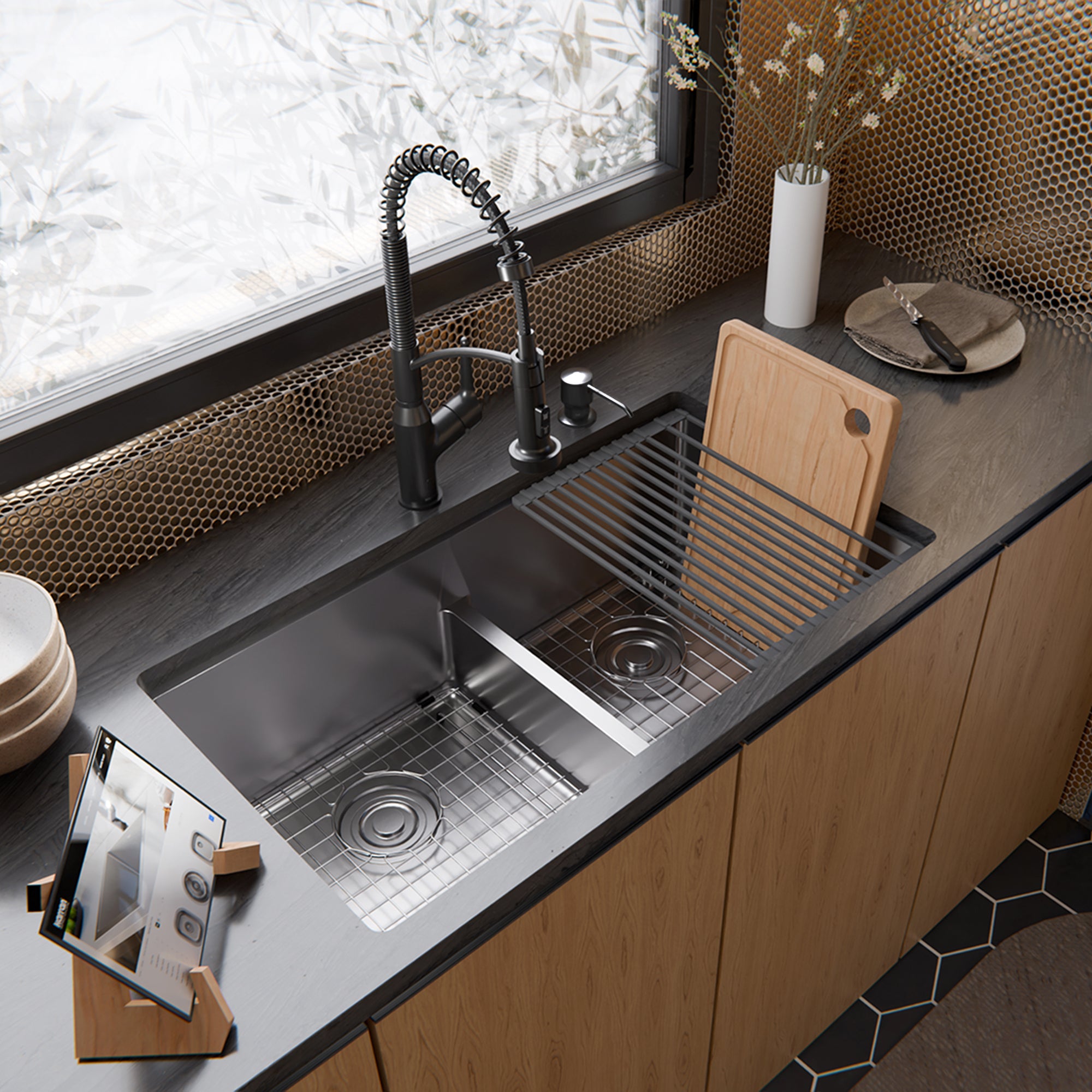 Karran Fusion 33" Undermount Stainless Steel ADA Workstation Kitchen Sink with Accessories, 50/50 Double Bowl, 16 Gauge, UUMDB3322-PK1