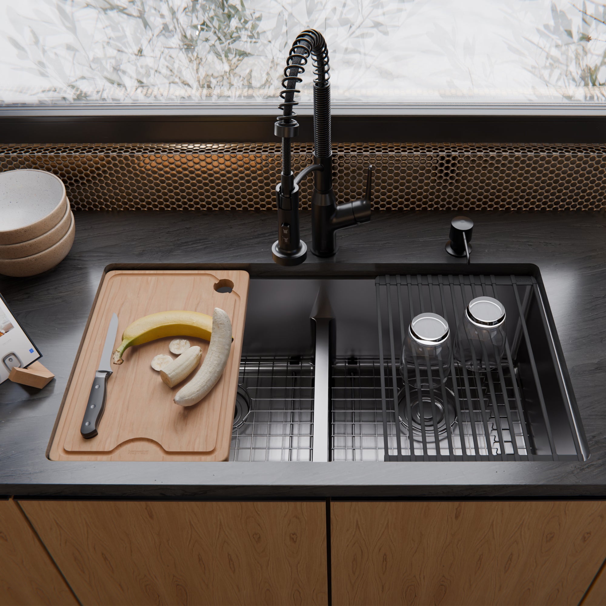 Karran Fusion 33" Undermount Stainless Steel ADA Workstation Kitchen Sink with Accessories, 50/50 Double Bowl, 16 Gauge, UUMDB3322-PK1