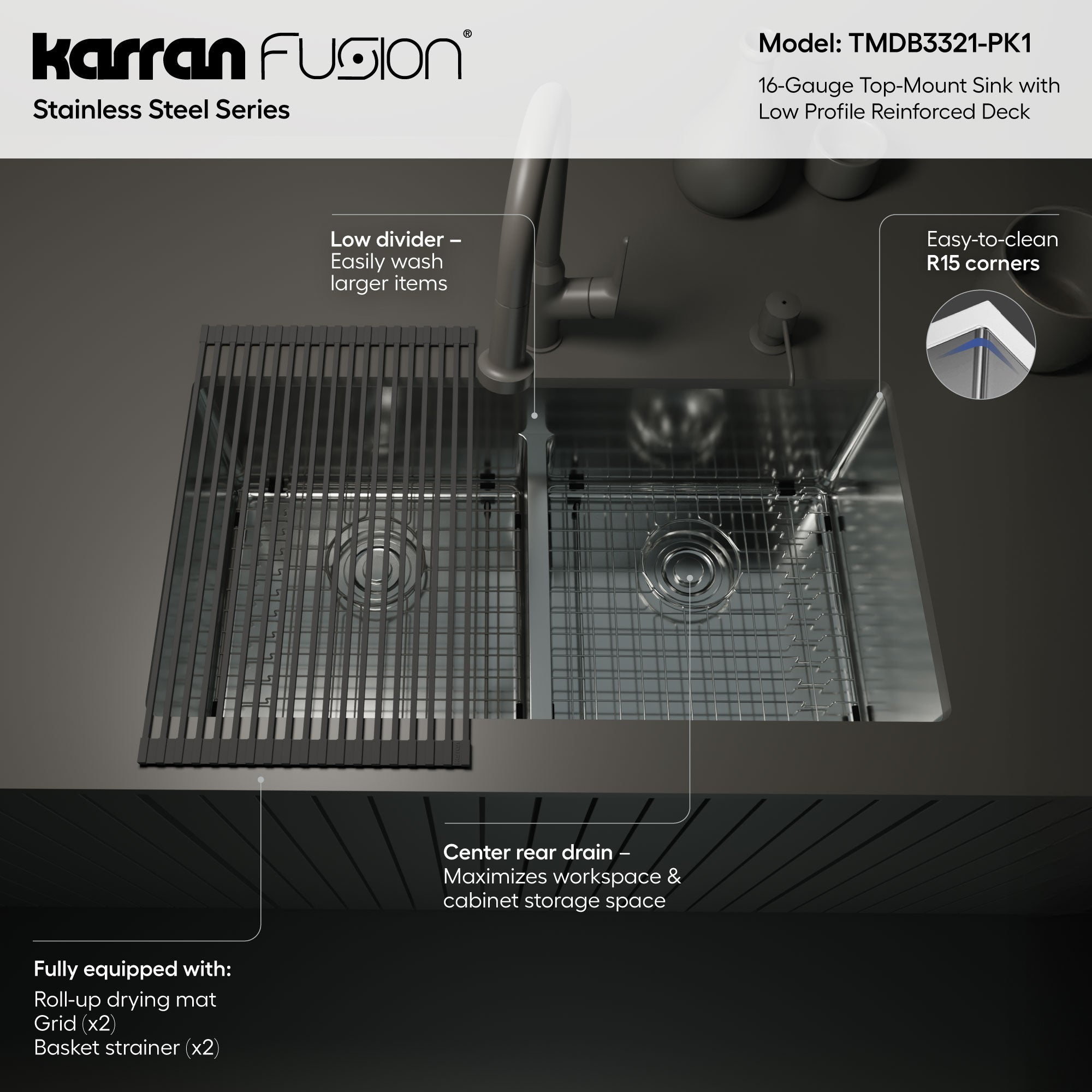 Karran Fusion 33" Drop In/Topmount Stainless Steel Kitchen Sink with Accessories, 50/50 Double Bowl, 16 Gauge, TMDB3321-PK1