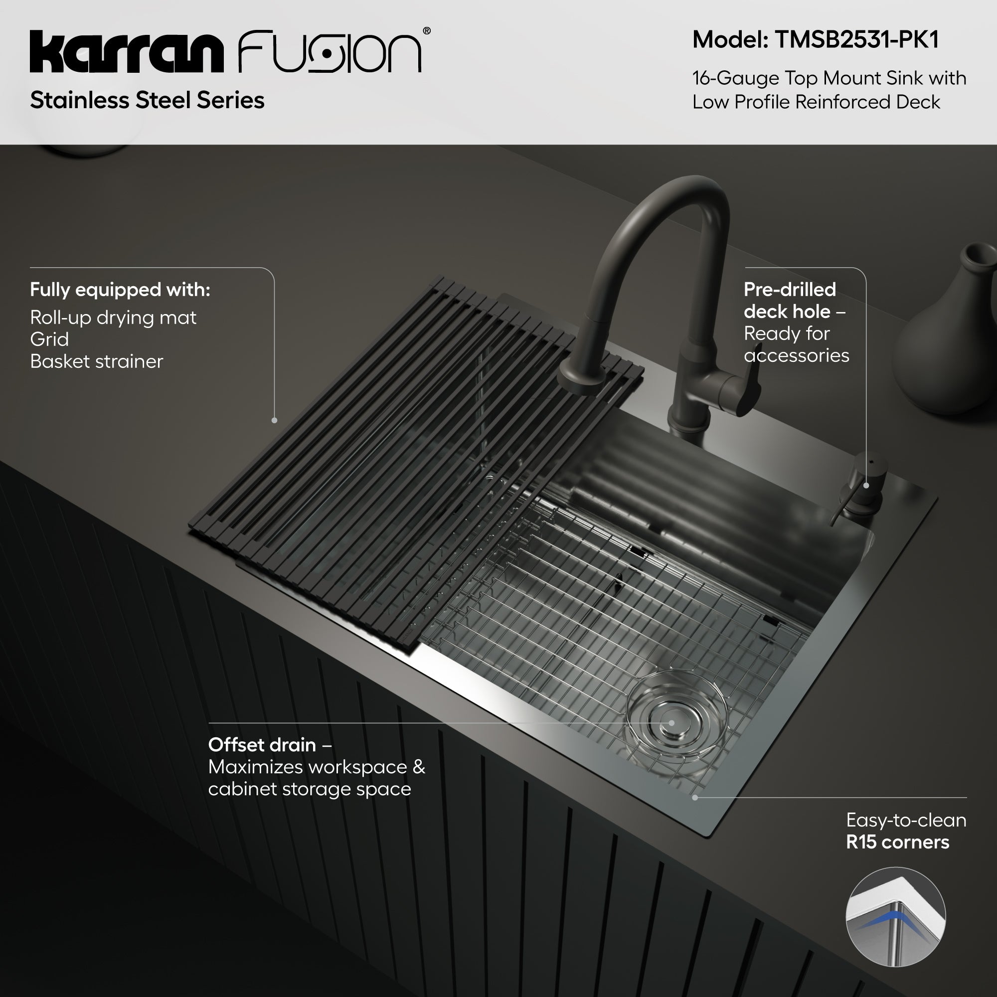 Karran Fusion 25" Drop In/Topmount Stainless Steel ADA Kitchen Sink with Accessories, 16 Gauge, TMSB2531-PK1