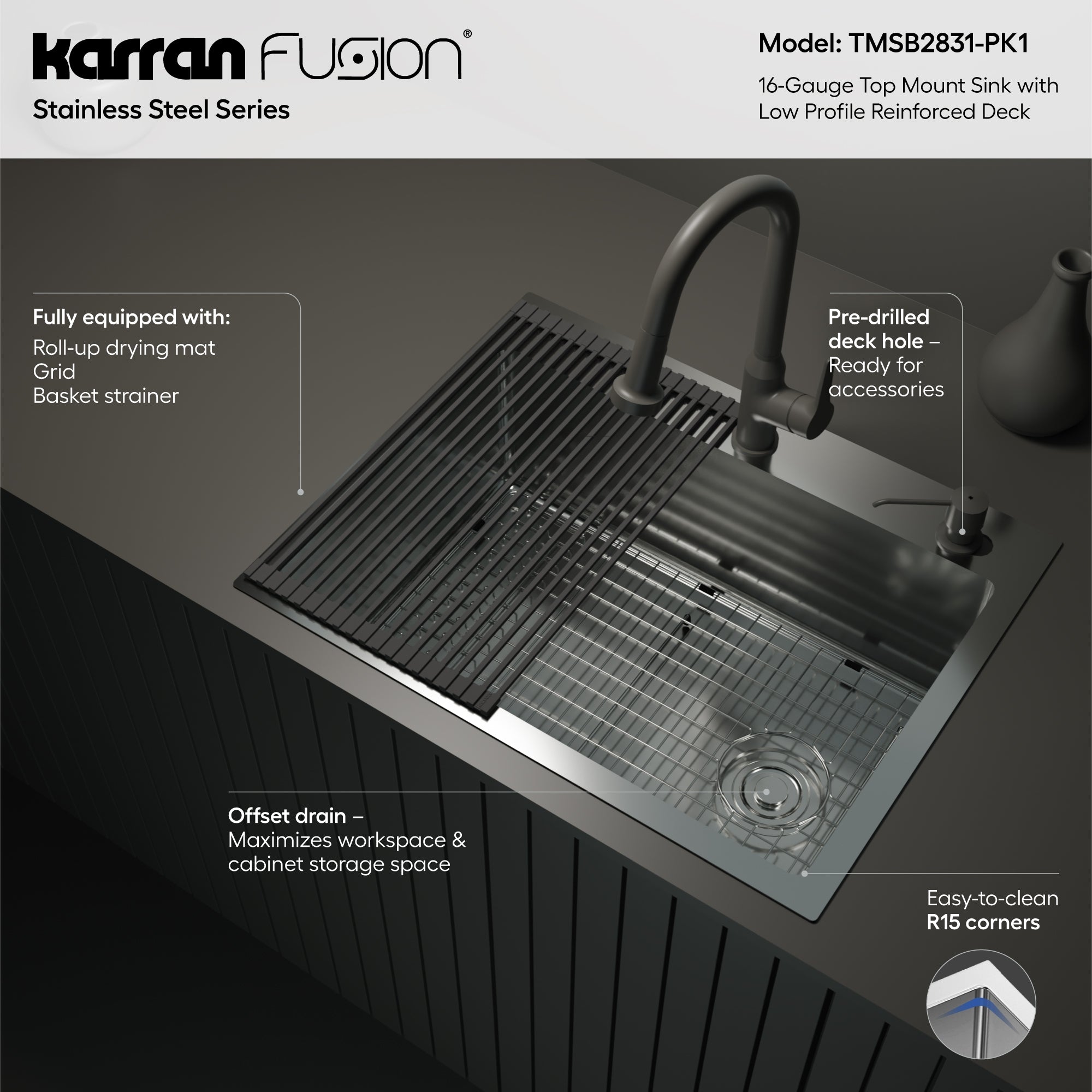 Karran Fusion 28" Drop In/Topmount Stainless Steel Kitchen Sink with Accessories, 16 Gauge, TMSB2831-PK1