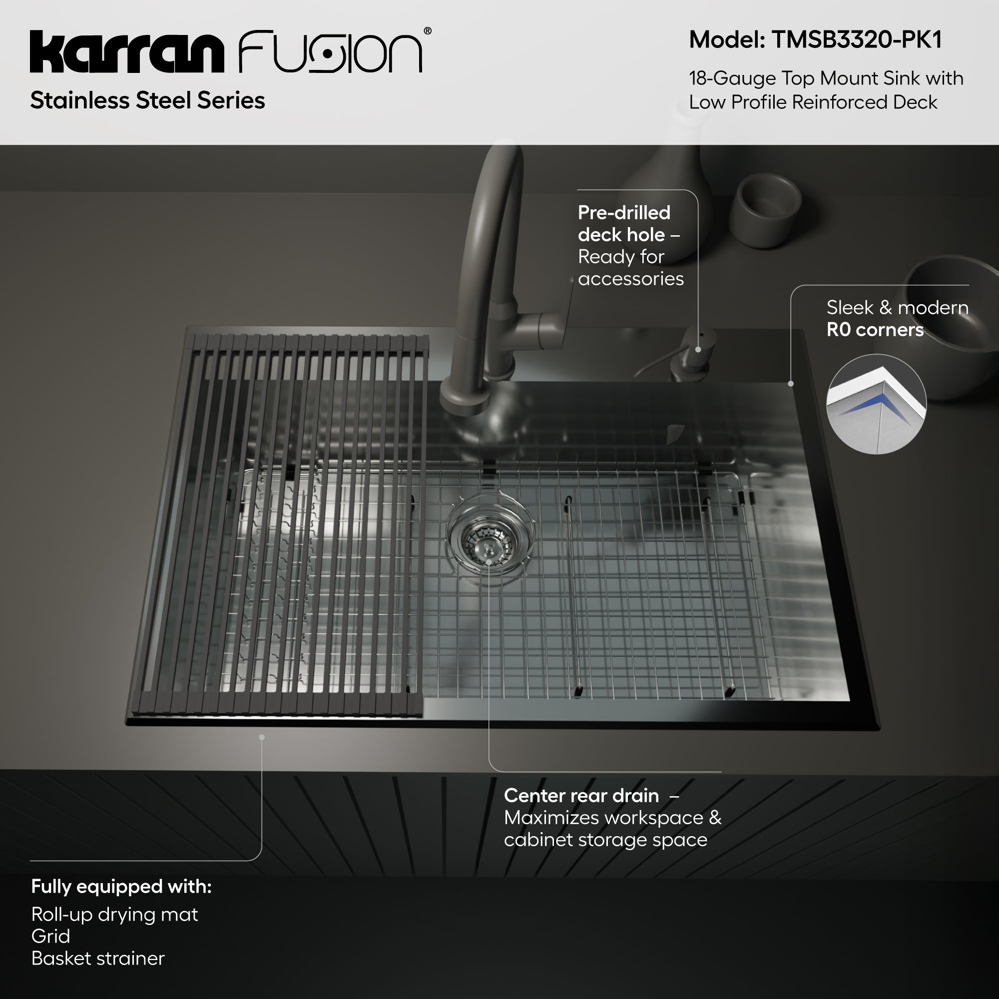 Karran Fusion 33" Drop In/Topmount Stainless Steel ADA Kitchen Sink with Accessories, 18 Gauge, TMSB3320-PK1