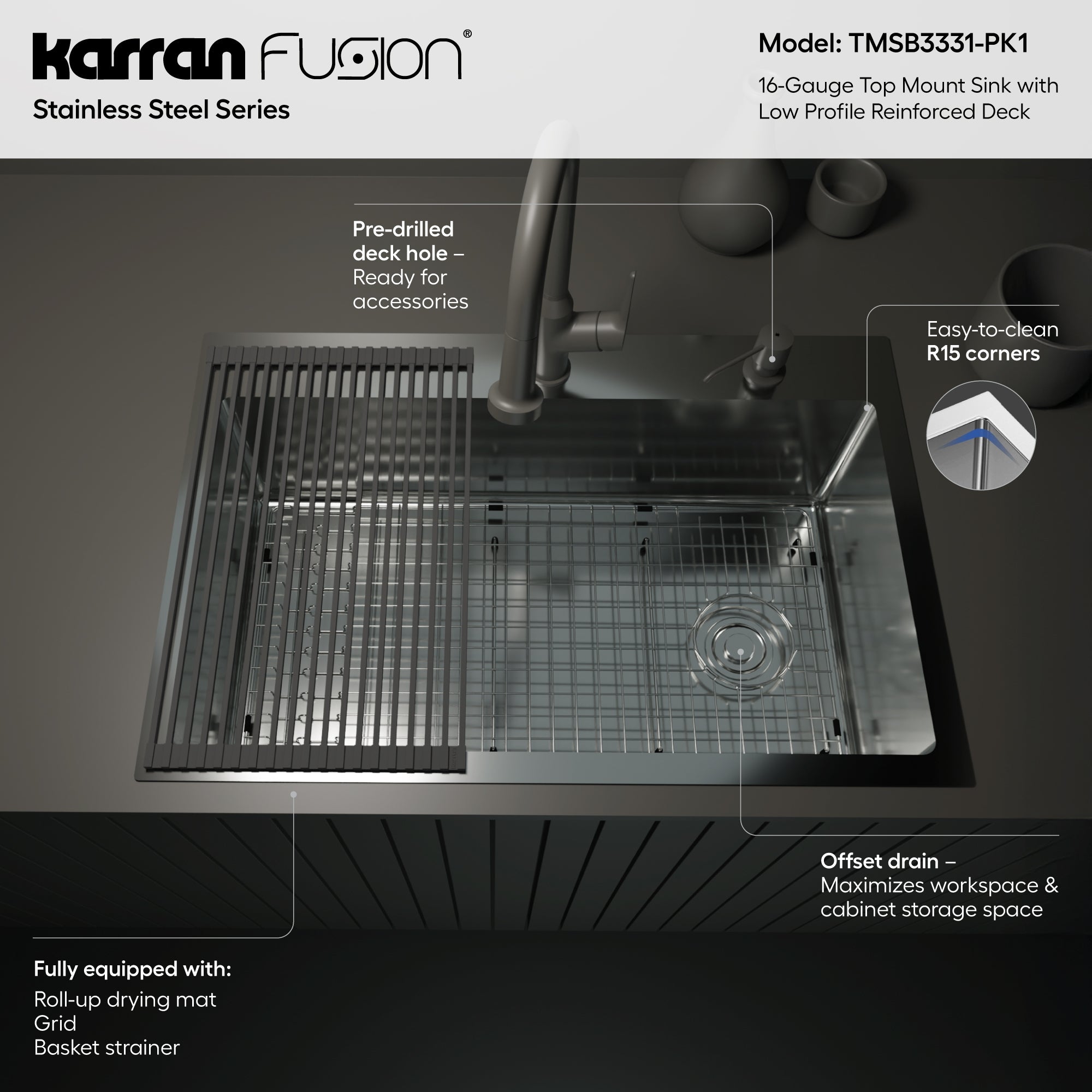 Karran Fusion 33" Drop In/Topmount Stainless Steel Kitchen Sink with Accessories, 16 Gauge, TMSB3331-PK1