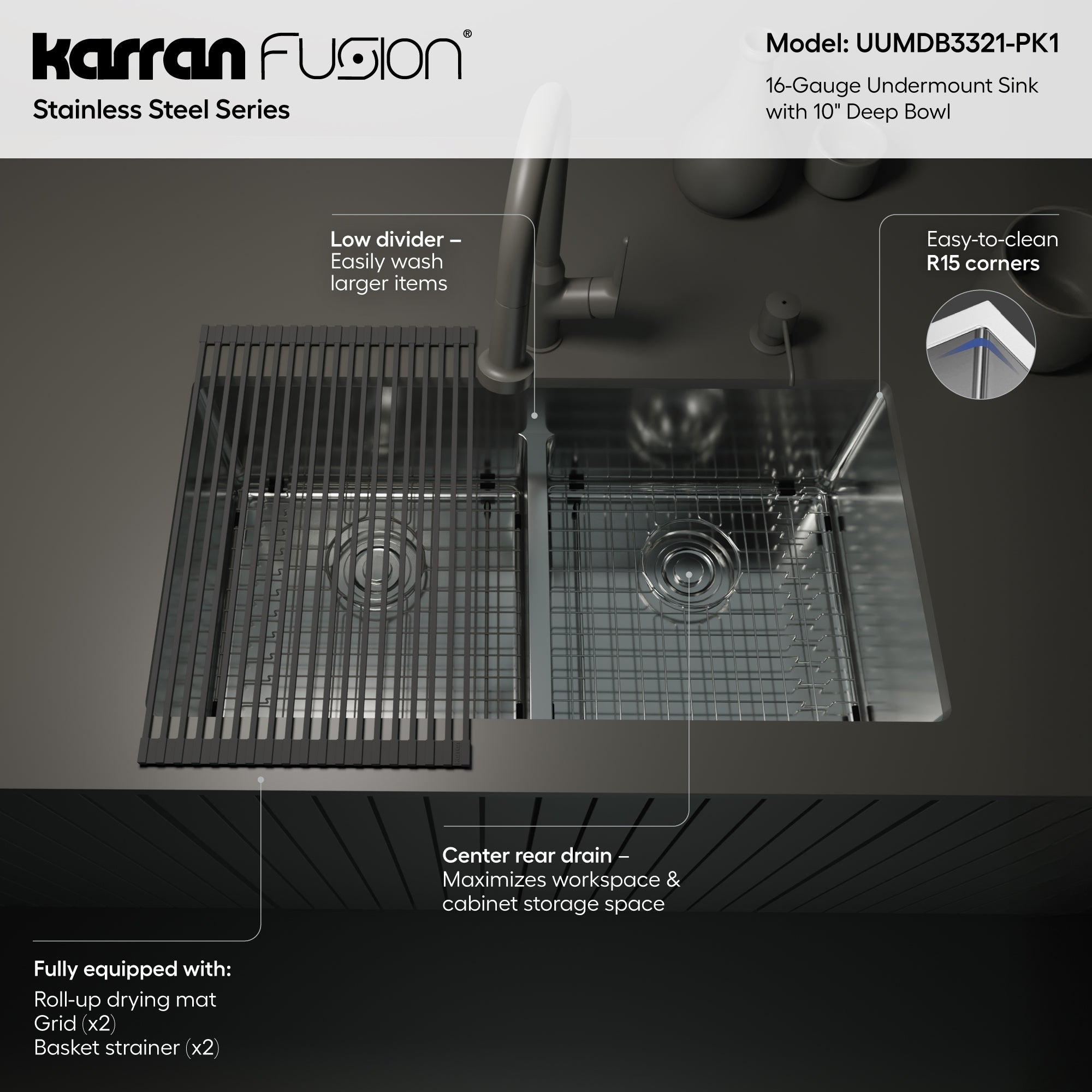 Karran Fusion 33" Undermount Stainless Steel ADA Kitchen Sink with Accessories, 50/50 Double Bowl, 16 Gauge, UUMDB3321-PK1
