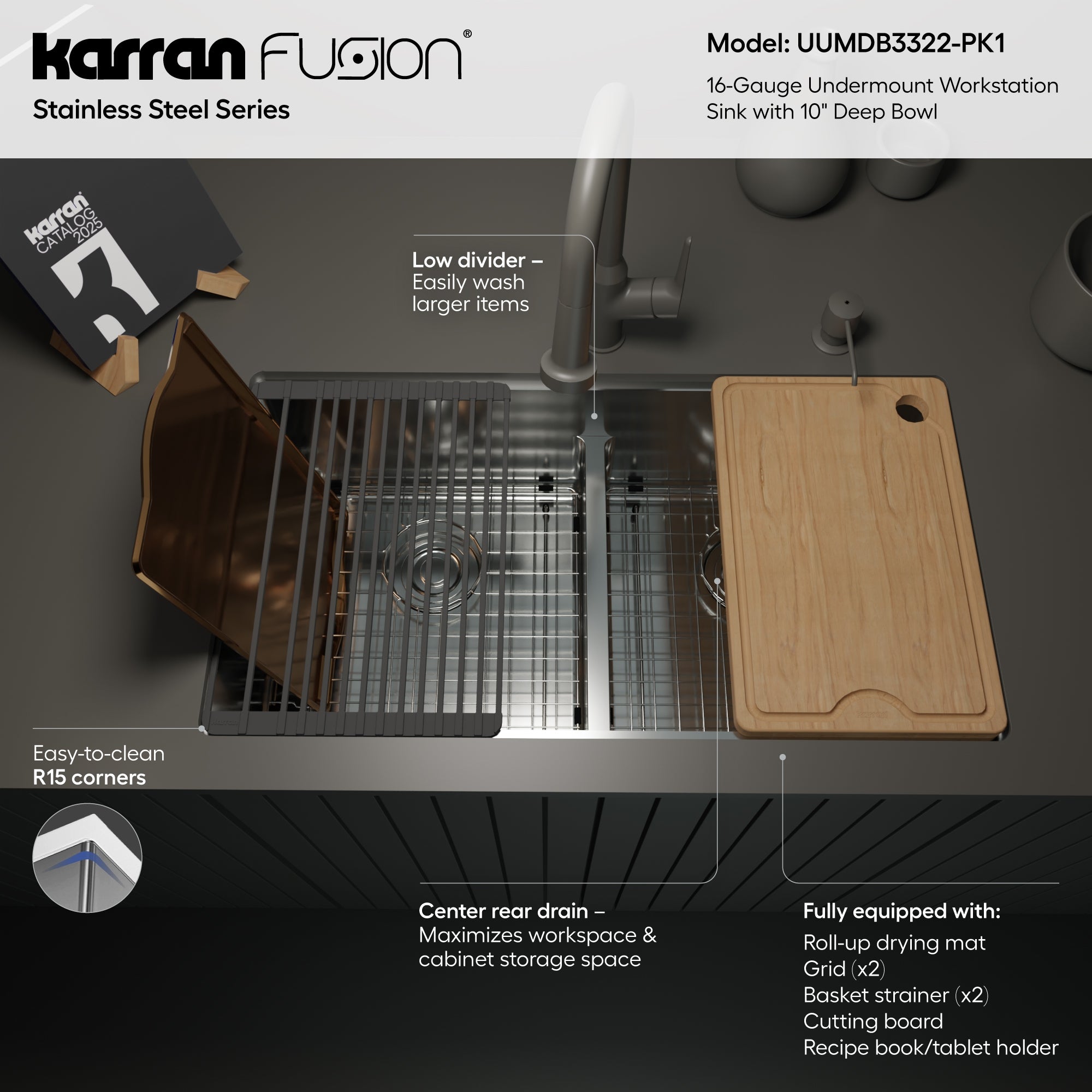 Karran Fusion 33" Undermount Stainless Steel ADA Workstation Kitchen Sink with Accessories, 50/50 Double Bowl, 16 Gauge, UUMDB3322-PK1