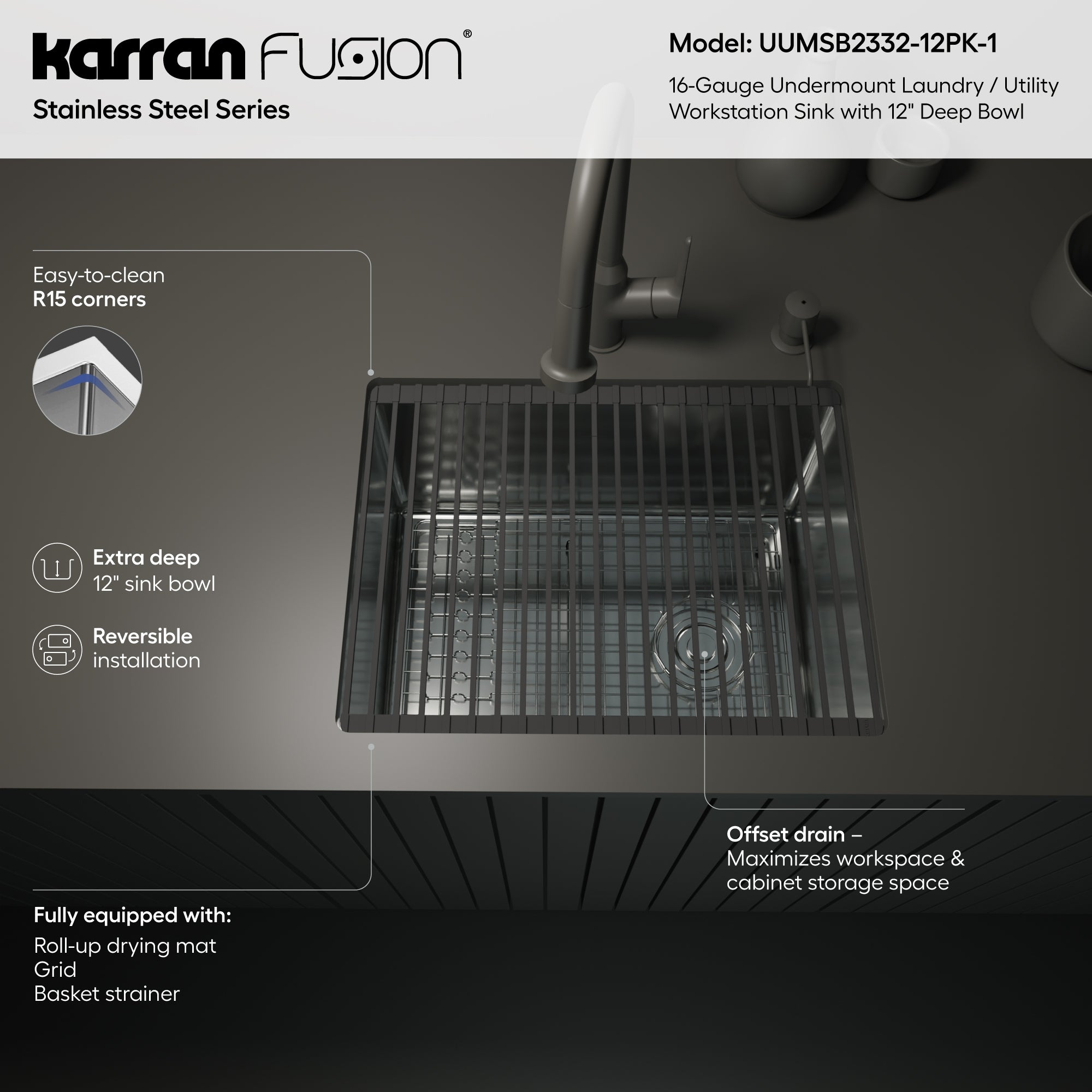 Karran Fusion 23" Undermount Stainless Steel ADA Workstation Kitchen Sink with Accessories, 16 Gauge, UUMSB2332-12PK1