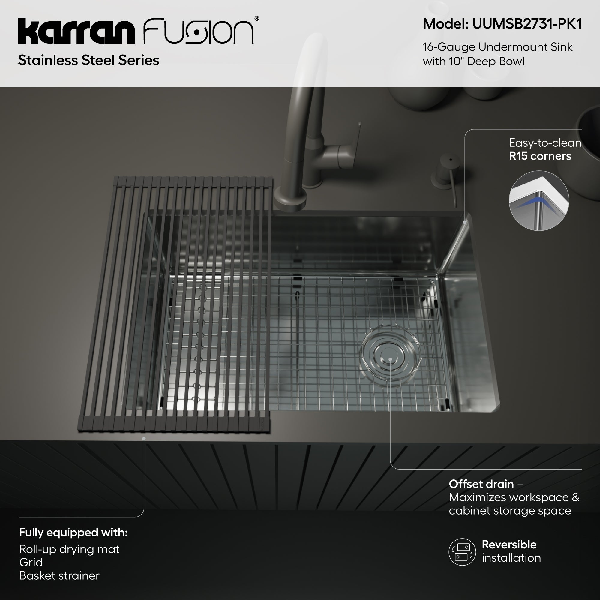 Karran Fusion 27" Undermount Stainless Steel ADA Kitchen Sink with Accessories, 16 Gauge, UUMSB2731-PK1