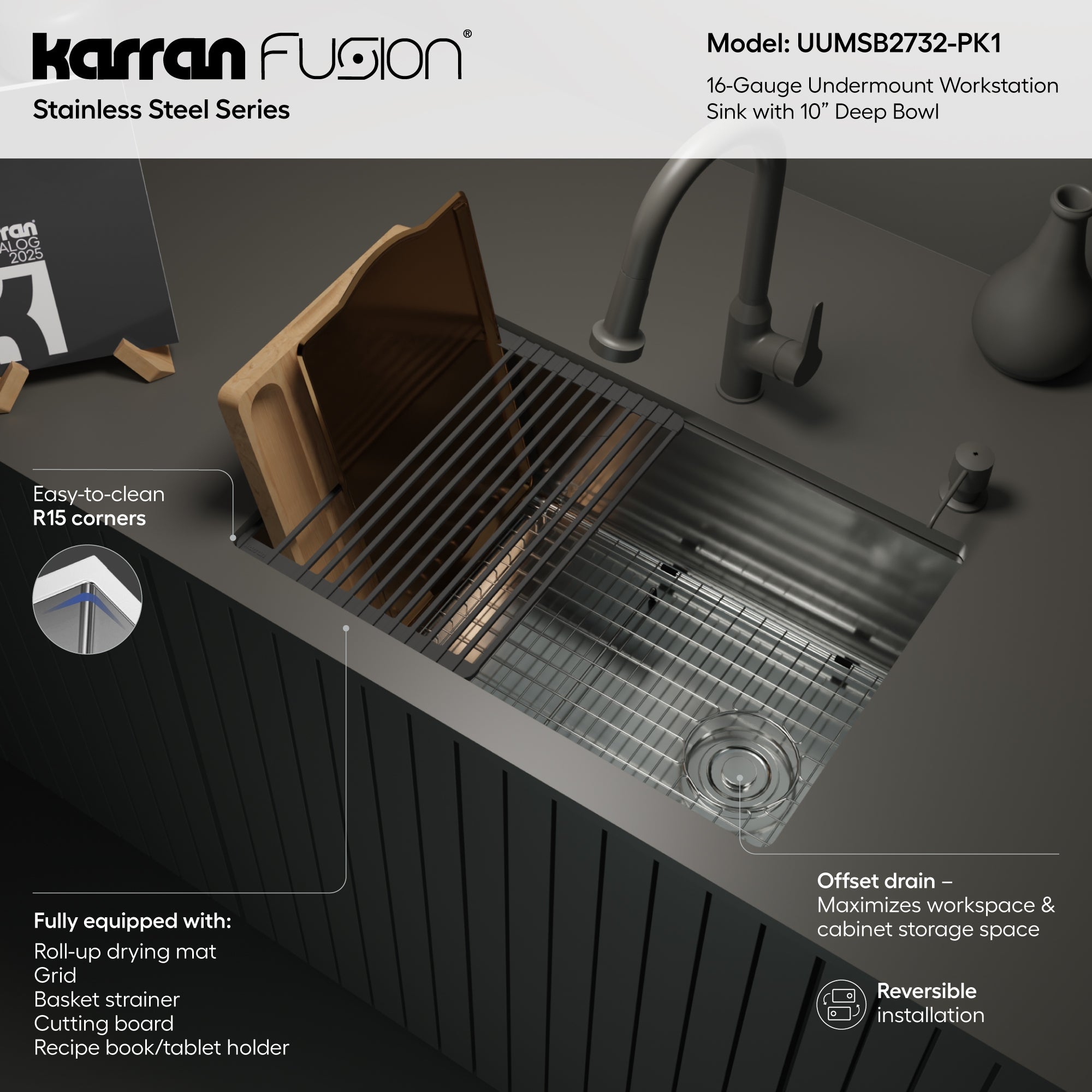 Karran Fusion 27" Undermount Stainless Steel Workstation Kitchen Sink with Accessories, 16 Gauge, UUMSB2732-PK1