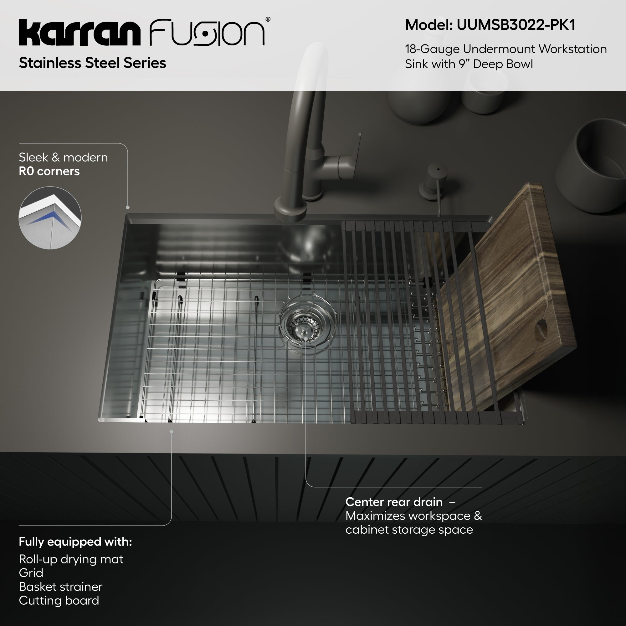 Karran Fusion 31" Undermount Stainless Steel ADA Workstation Kitchen Sink with Accessories, 18 Gauge, UUMSB3022-PK1