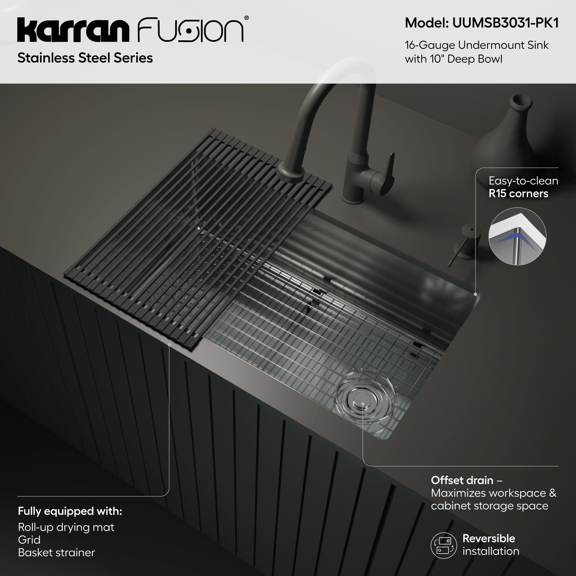 Karran Fusion 30" Undermount Stainless Steel ADA Kitchen Sink with Accessories, 16 Gauge, UUMSB3031-PK1