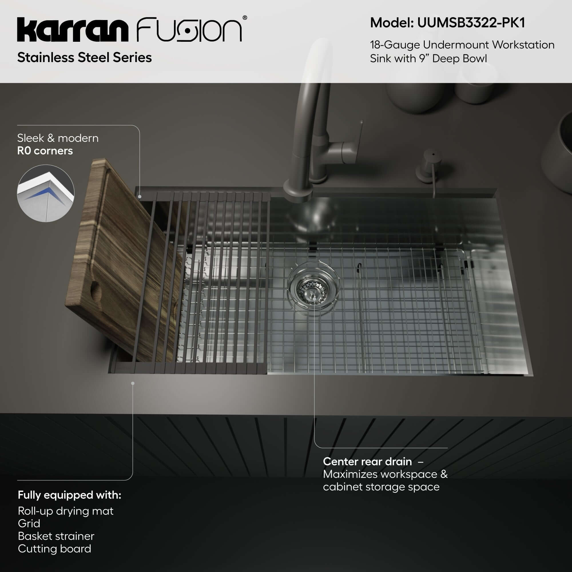 Karran Fusion 33" Undermount Stainless Steel Workstation Kitchen Sink with Accessories, 18 Gauge, UUMSB3322-PK1