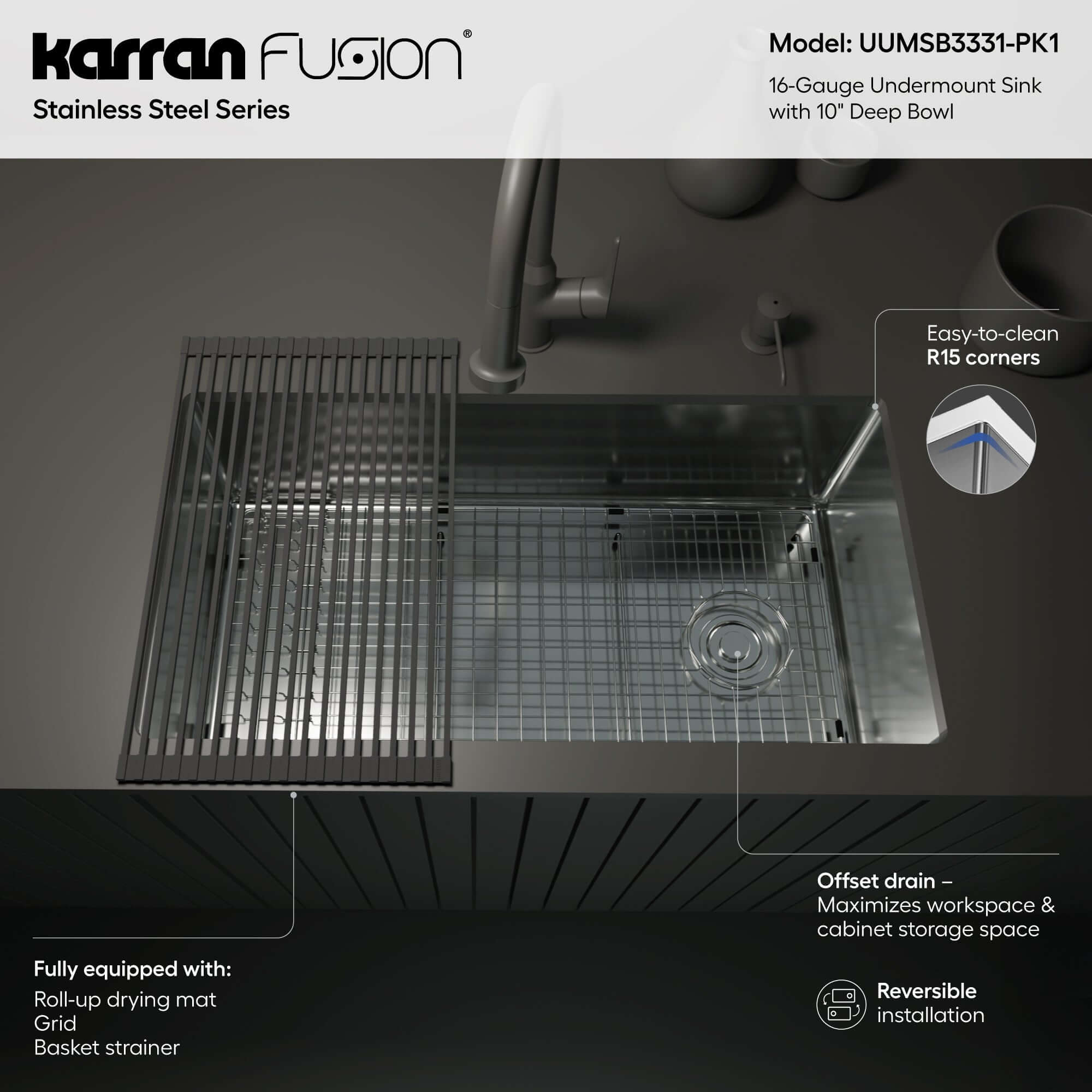 Karran Fusion 33" Undermount Stainless Steel ADA Kitchen Sink with Accessories, 16 Gauge, UUMSB3331-PK1