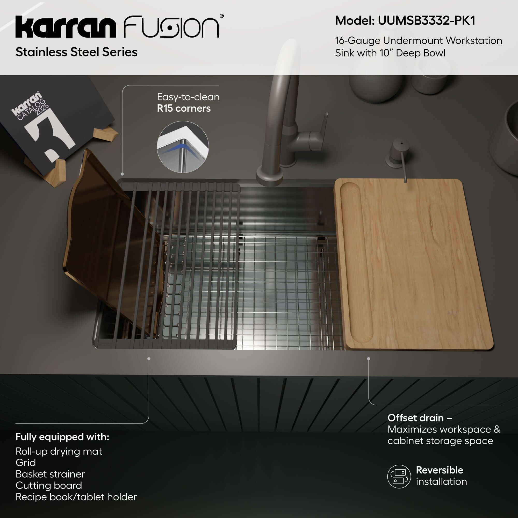 Karran Fusion 33" Undermount Stainless Steel Workstation Kitchen Sink with Accessories, 16 Gauge, UUMSB3332-PK1