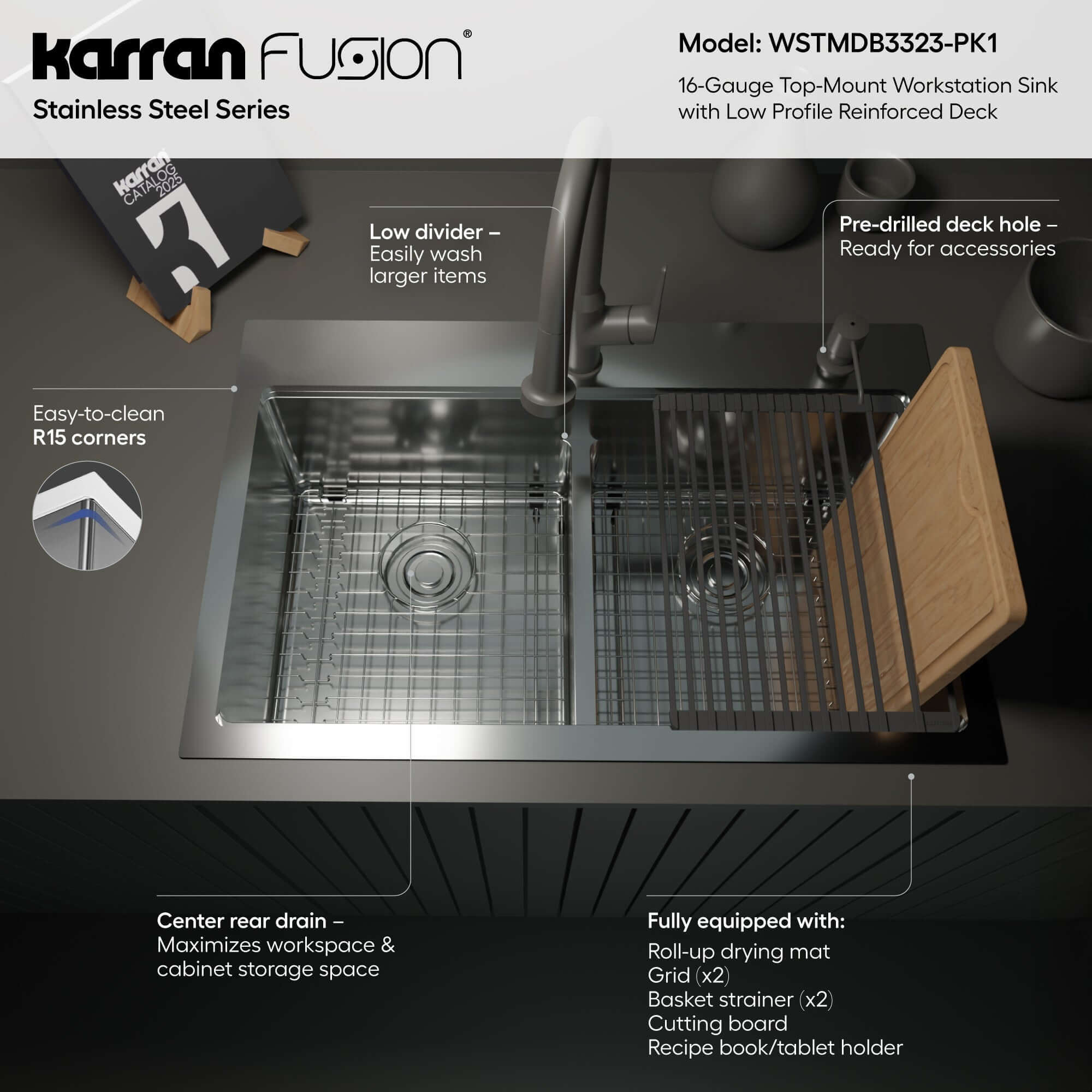 Karran Fusion 33" Drop In/Topmount Stainless Steel Workstation Kitchen Sink with Accessories, 50/50 Double Bowl, 16 Gauge, WSTMDB3323-PK1