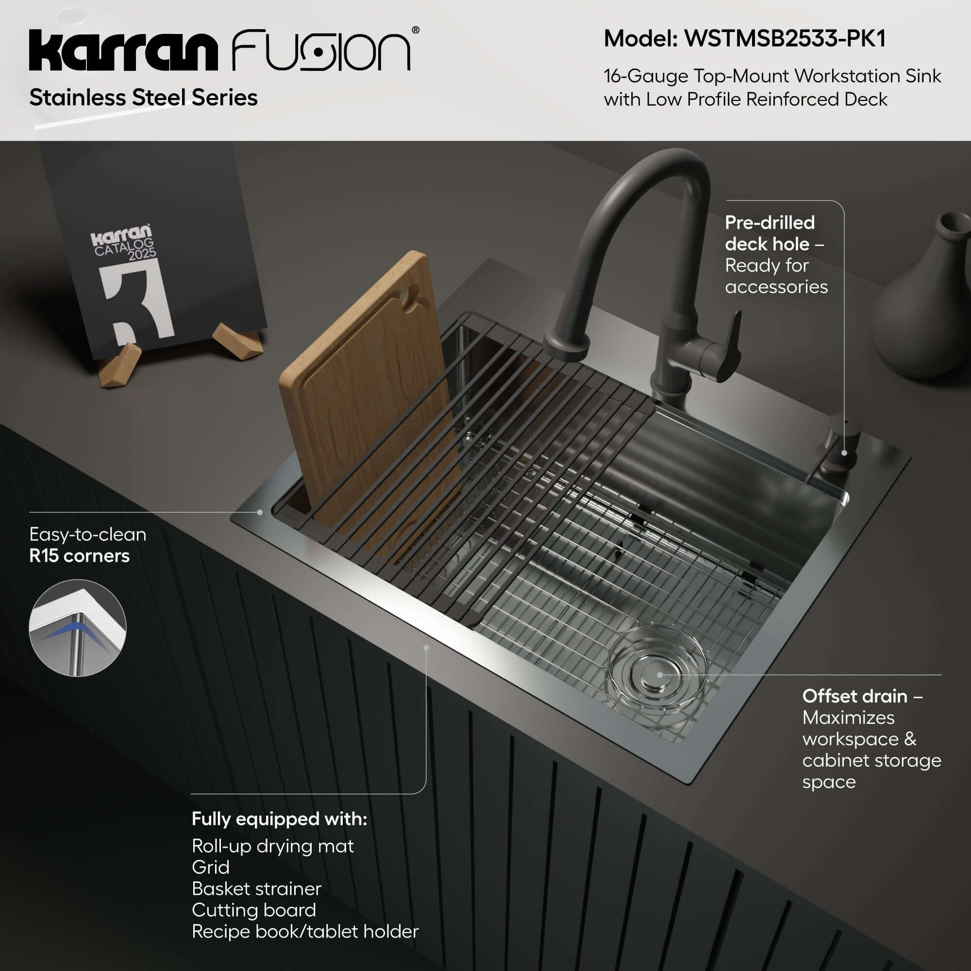 Karran Fusion 25" Drop In/Topmount Stainless Steel Workstation Kitchen Sink with Accessories, 16 Gauge, WSTMSB2533-PK1