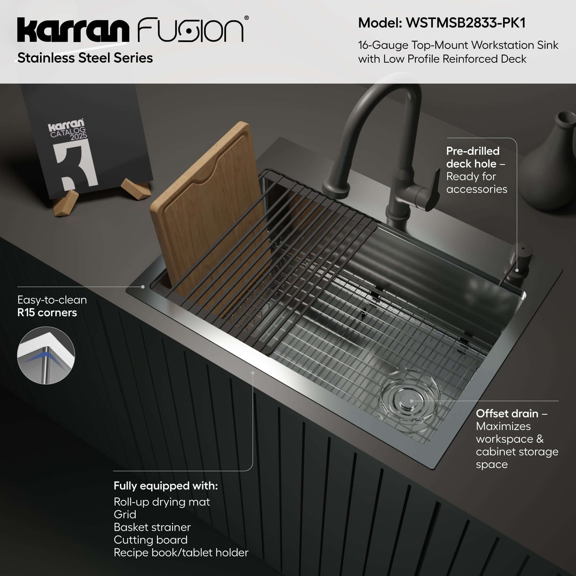Karran Fusion 28" Drop In/Topmount Stainless Steel Workstation Kitchen Sink with Accessories, 16 Gauge, WSTMSB2833-PK1