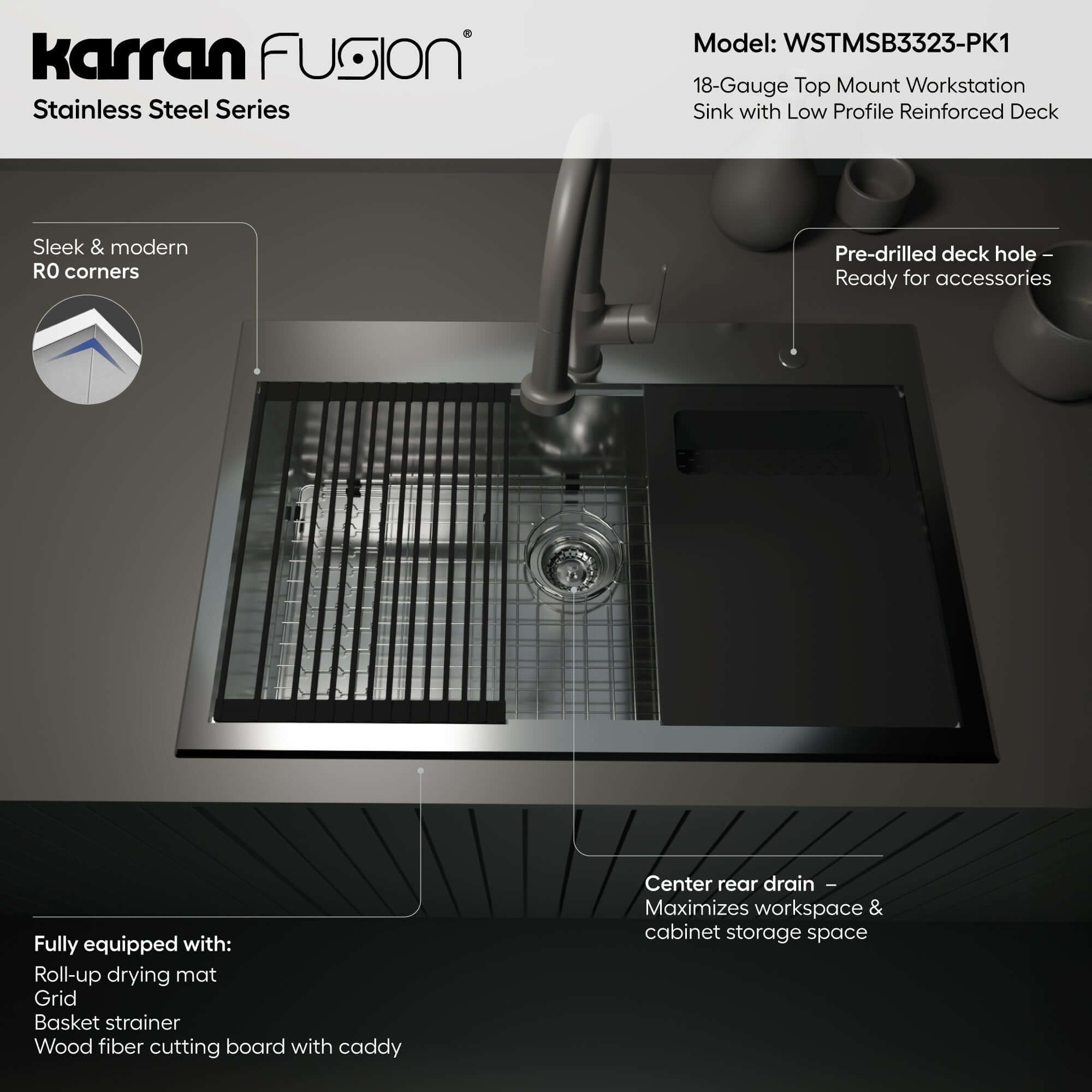 Karran Fusion 33" Drop In/Topmount Stainless Steel Workstation Kitchen Sink with Accessories, 18 Gauge, WSTMSB3323-PK1
