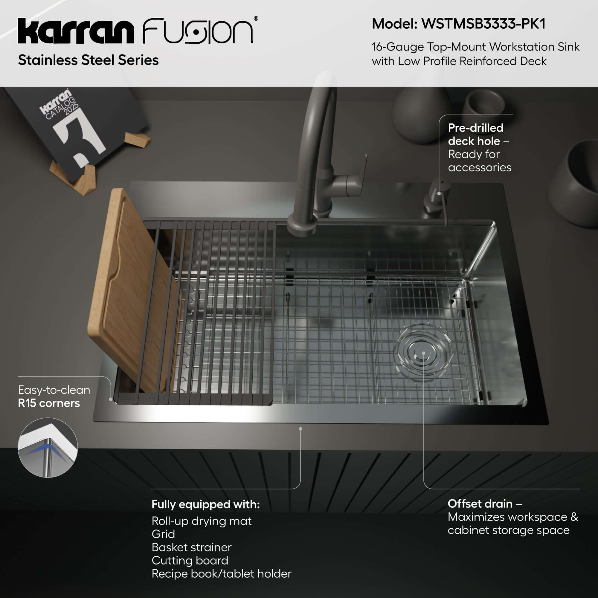 Karran Fusion 33" Drop In/Topmount Stainless Steel Workstation Kitchen Sink with Accessories, 16 Gauge, WSTMSB3333-PK1