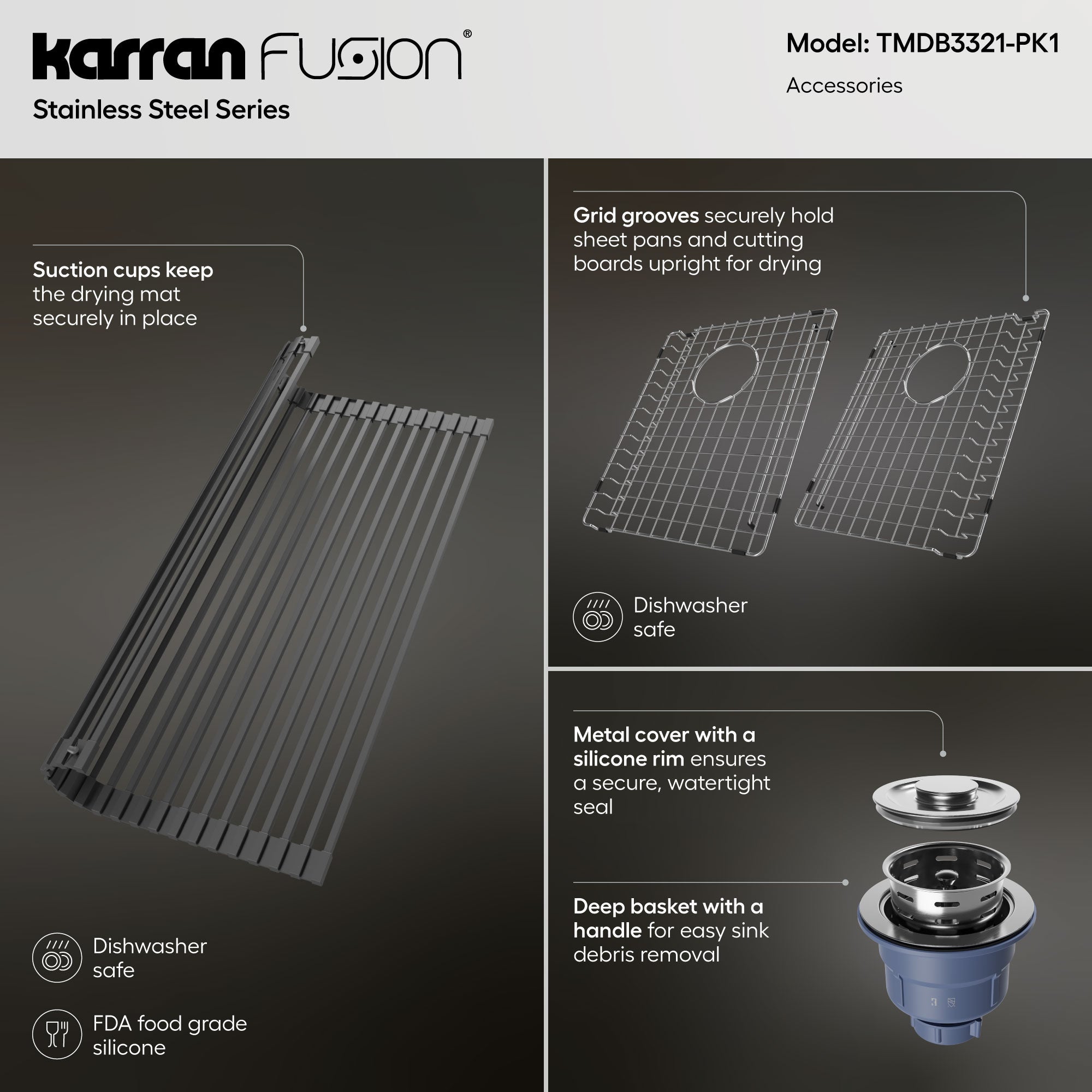 Karran Fusion 33" Drop In/Topmount Stainless Steel Kitchen Sink with Accessories, 50/50 Double Bowl, 16 Gauge, TMDB3321-PK1