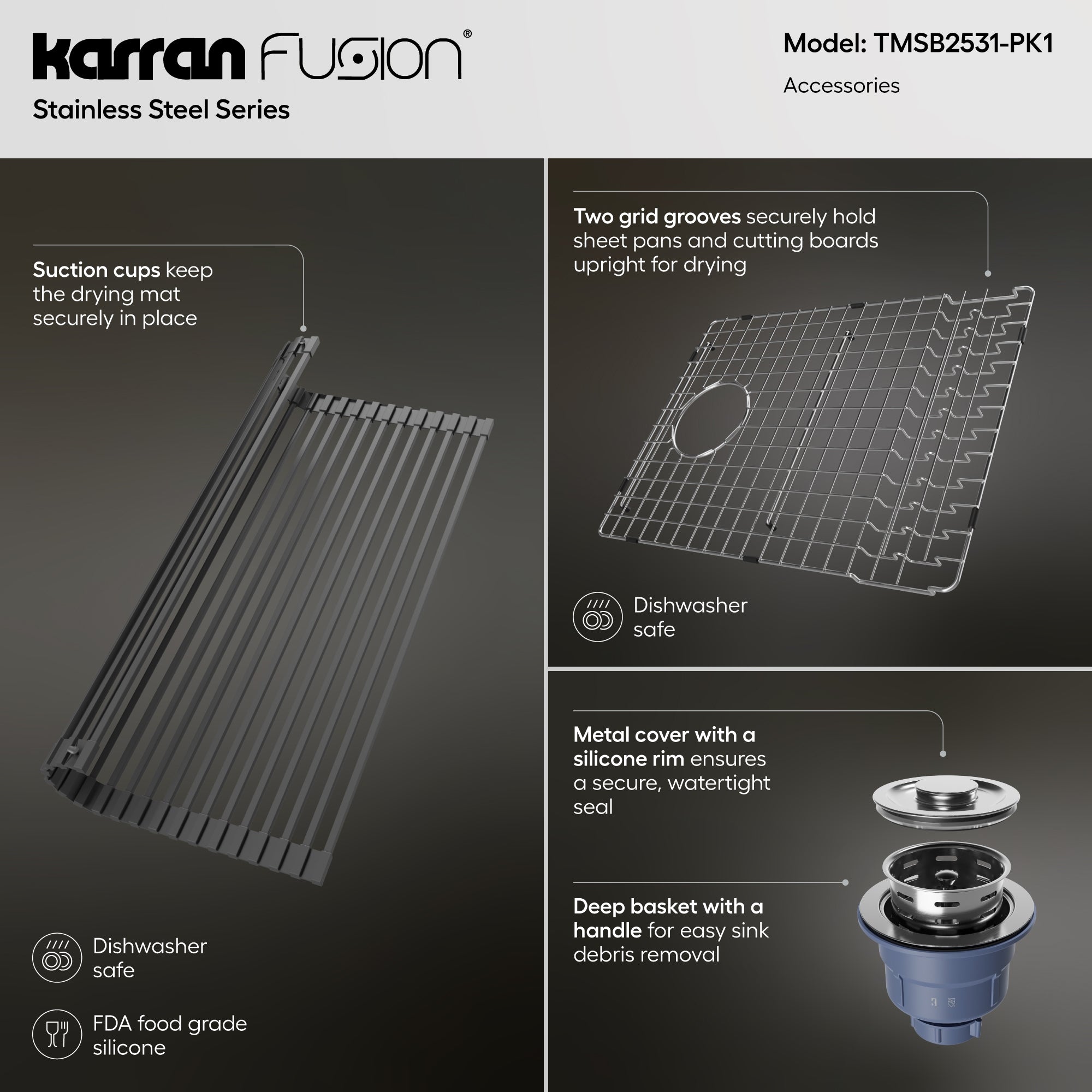 Karran Fusion 25" Drop In/Topmount Stainless Steel ADA Kitchen Sink with Accessories, 16 Gauge, TMSB2531-PK1