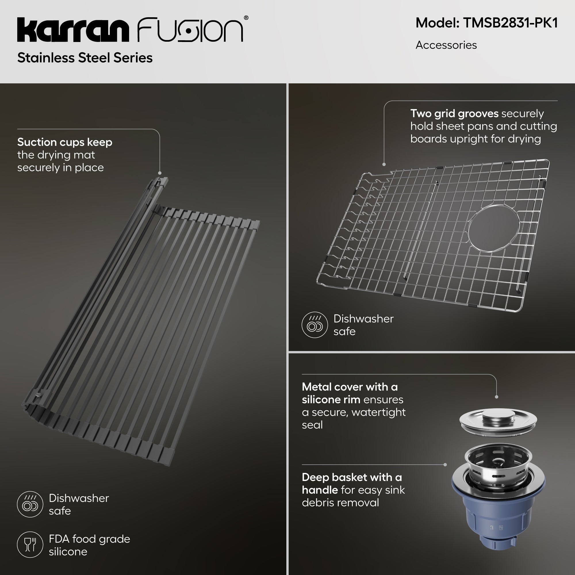 Karran Fusion 28" Drop In/Topmount Stainless Steel Kitchen Sink with Accessories, 16 Gauge, TMSB2831-PK1