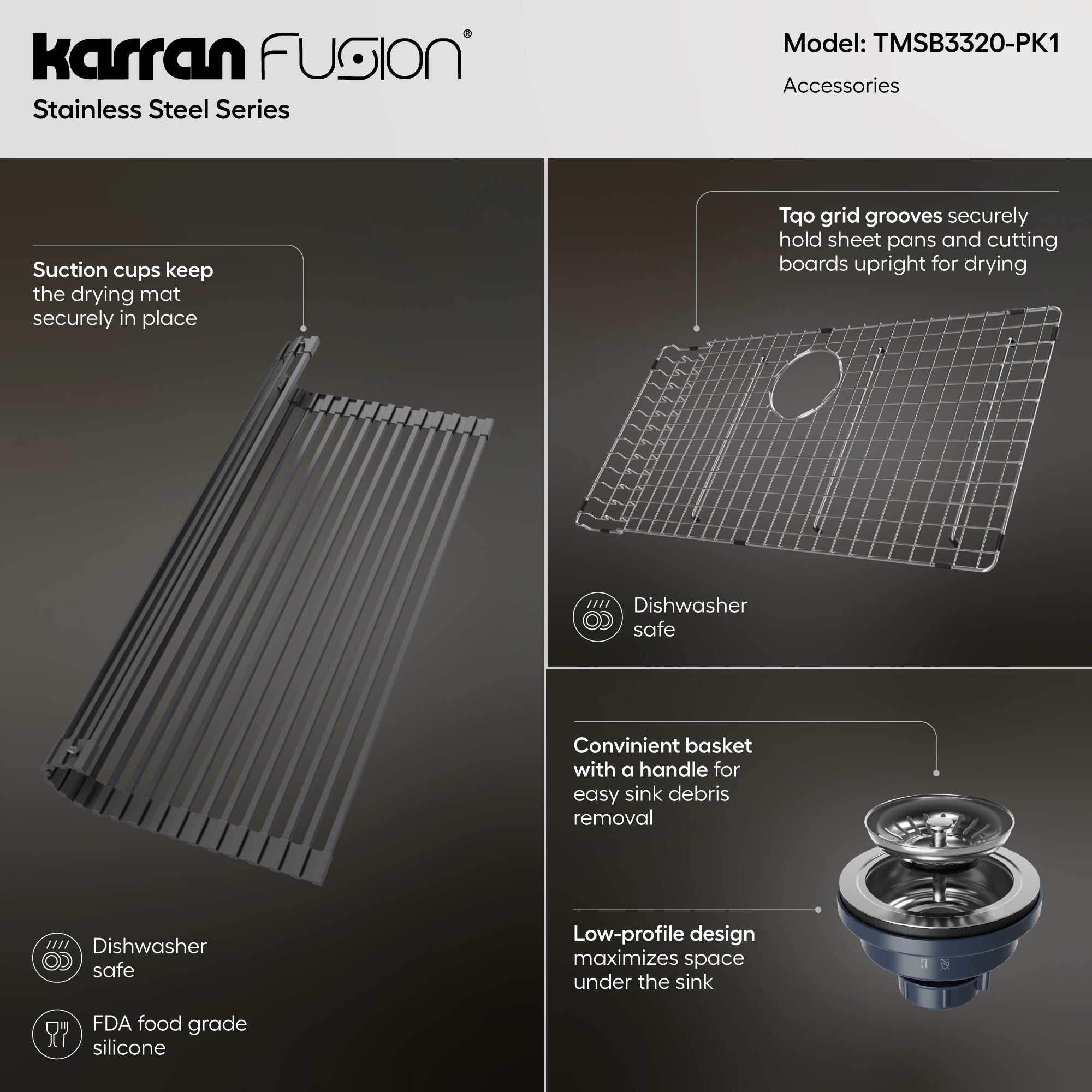 Karran Fusion 33" Drop In/Topmount Stainless Steel ADA Kitchen Sink with Accessories, 18 Gauge, TMSB3320-PK1