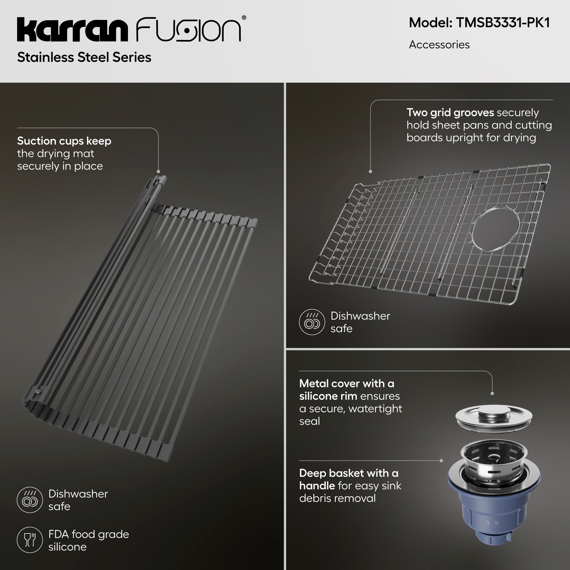 Karran Fusion 33" Drop In/Topmount Stainless Steel Kitchen Sink with Accessories, 16 Gauge, TMSB3331-PK1