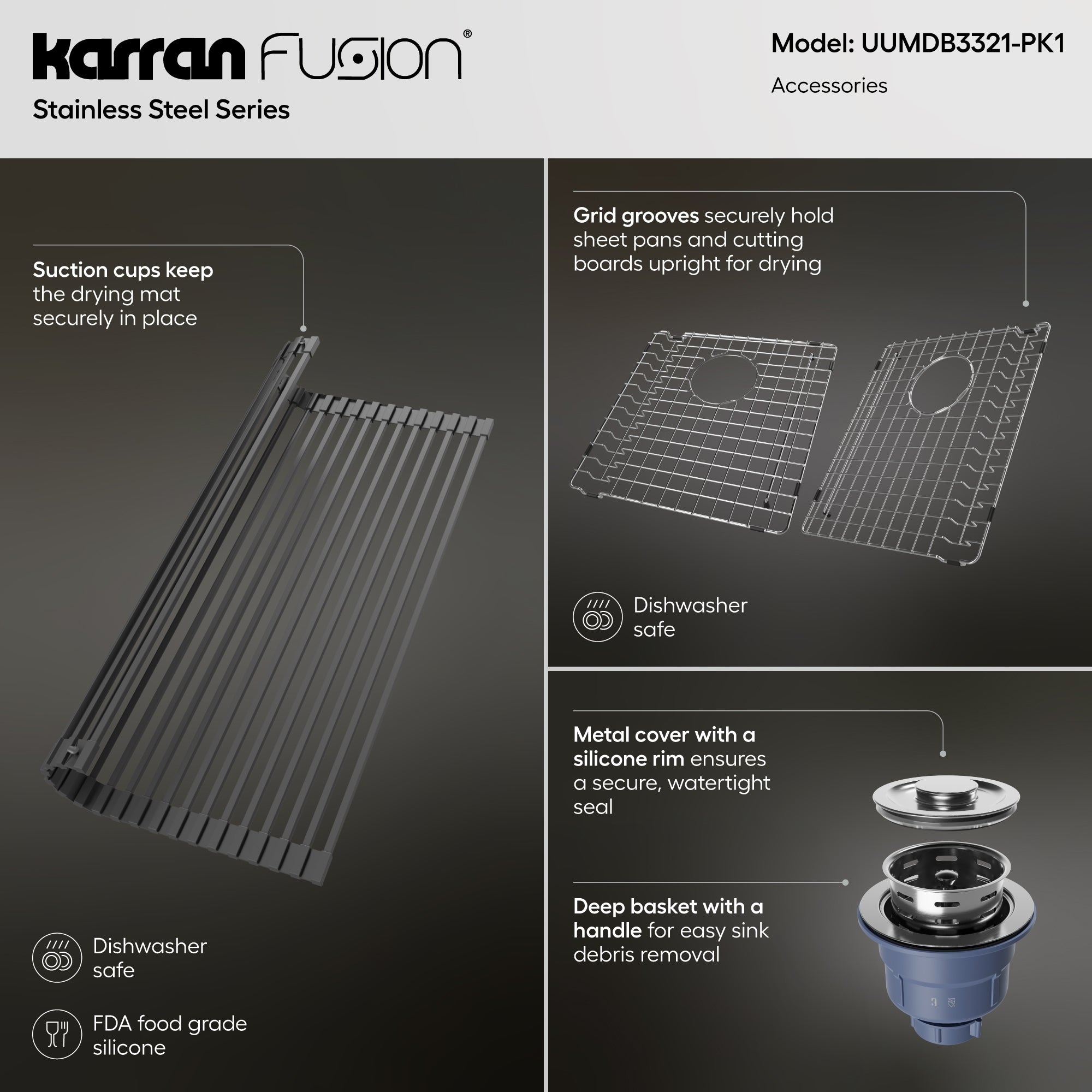 Karran Fusion 33" Undermount Stainless Steel ADA Kitchen Sink with Accessories, 50/50 Double Bowl, 16 Gauge, UUMDB3321-PK1