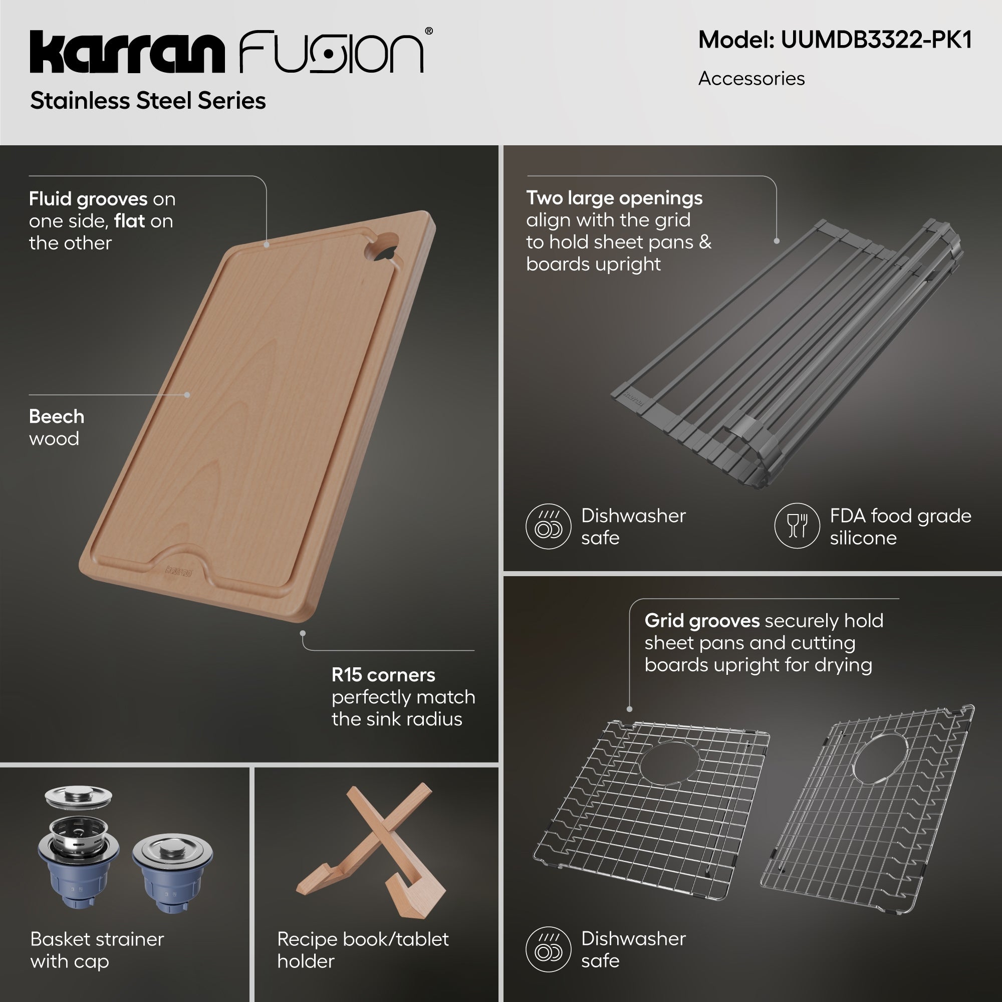Karran Fusion 33" Undermount Stainless Steel ADA Workstation Kitchen Sink with Accessories, 50/50 Double Bowl, 16 Gauge, UUMDB3322-PK1