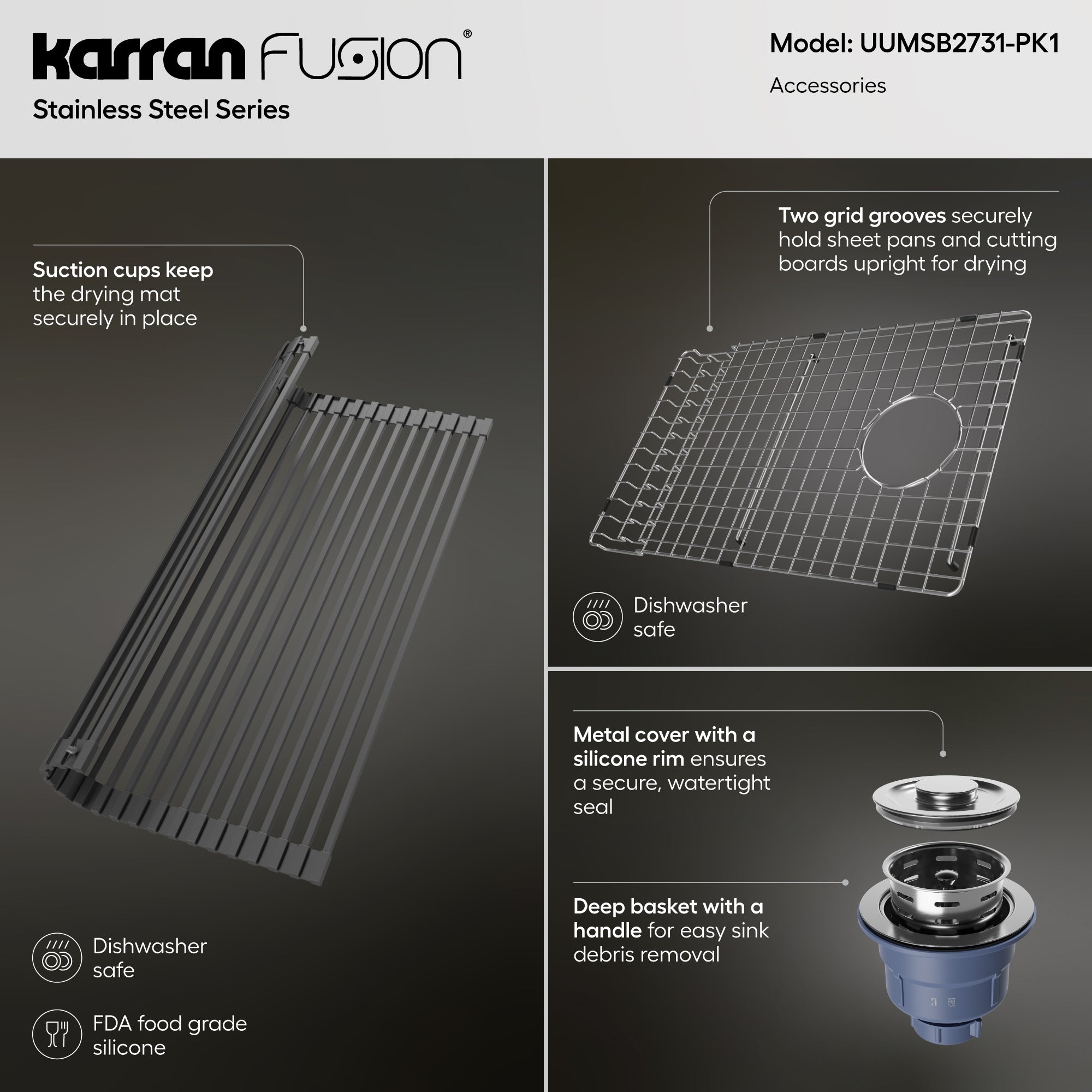 Karran Fusion 27" Undermount Stainless Steel ADA Kitchen Sink with Accessories, 16 Gauge, UUMSB2731-PK1