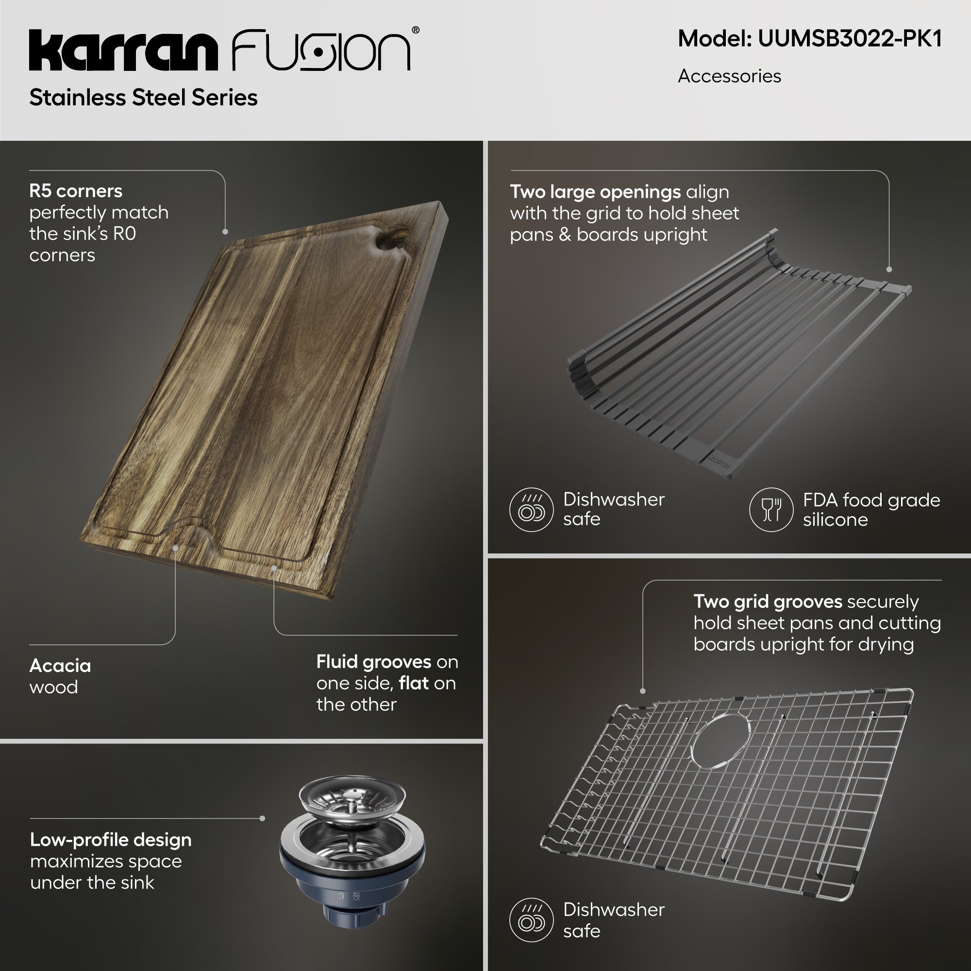 Karran Fusion 31" Undermount Stainless Steel ADA Workstation Kitchen Sink with Accessories, 18 Gauge, UUMSB3022-PK1