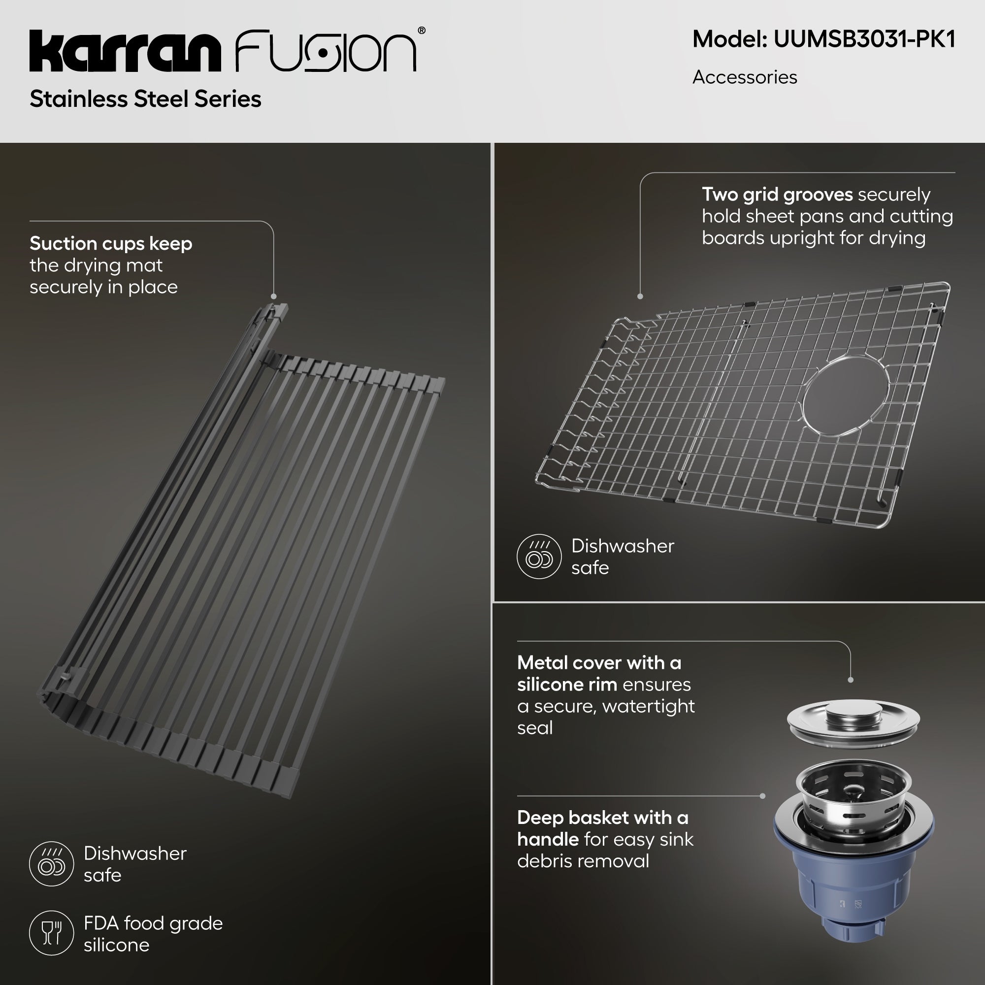 Karran Fusion 30" Undermount Stainless Steel ADA Kitchen Sink with Accessories, 16 Gauge, UUMSB3031-PK1