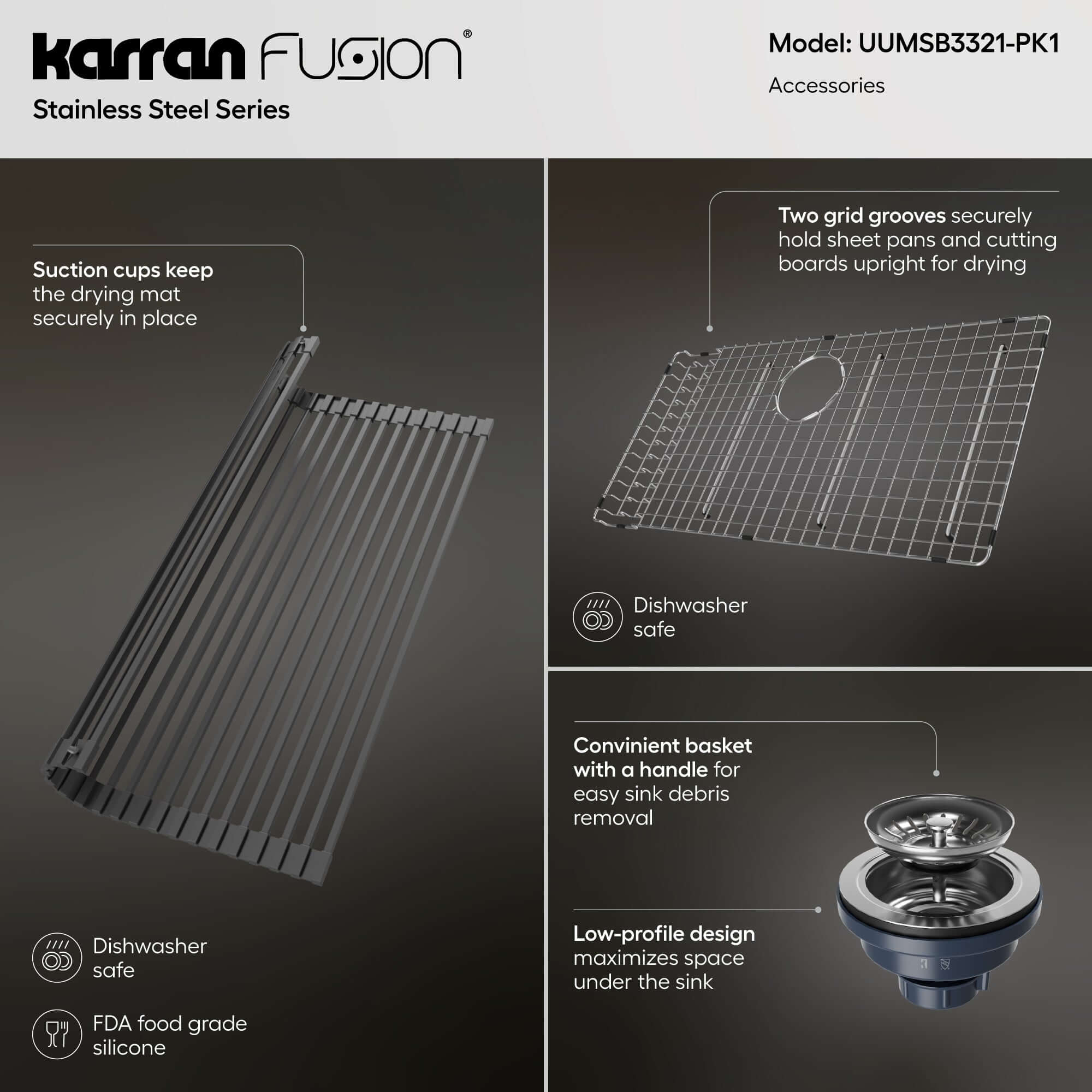Karran Fusion 33" Undermount Stainless Steel Kitchen Sink with Accessories, 18 Gauge, UUMSB3321-PK1
