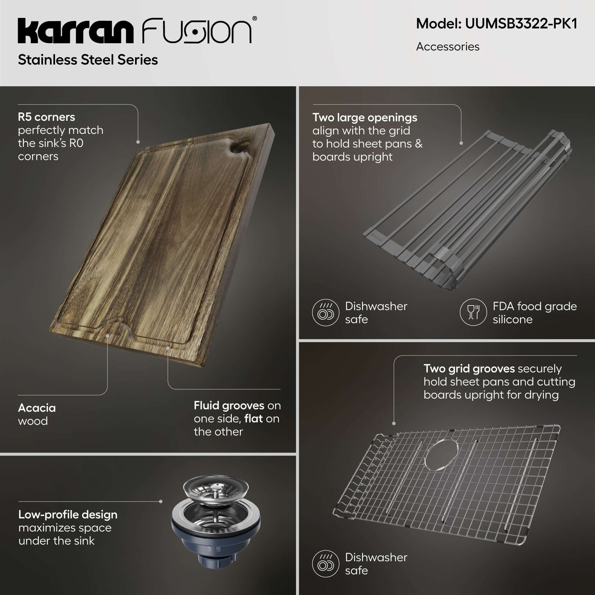 Karran Fusion 33" Undermount Stainless Steel Workstation Kitchen Sink with Accessories, 18 Gauge, UUMSB3322-PK1