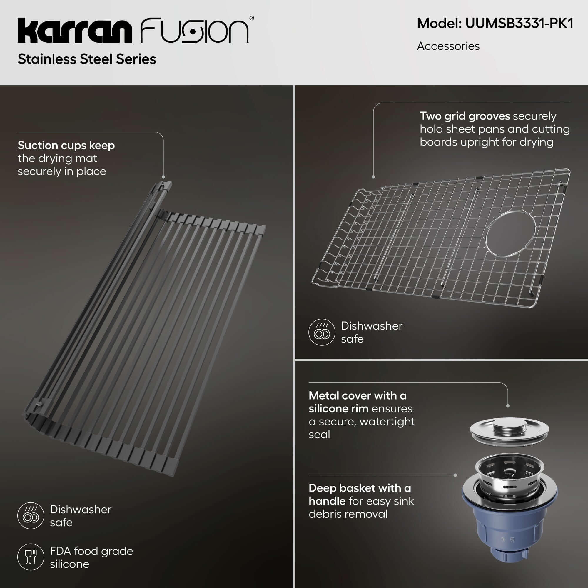Karran Fusion 33" Undermount Stainless Steel ADA Kitchen Sink with Accessories, 16 Gauge, UUMSB3331-PK1