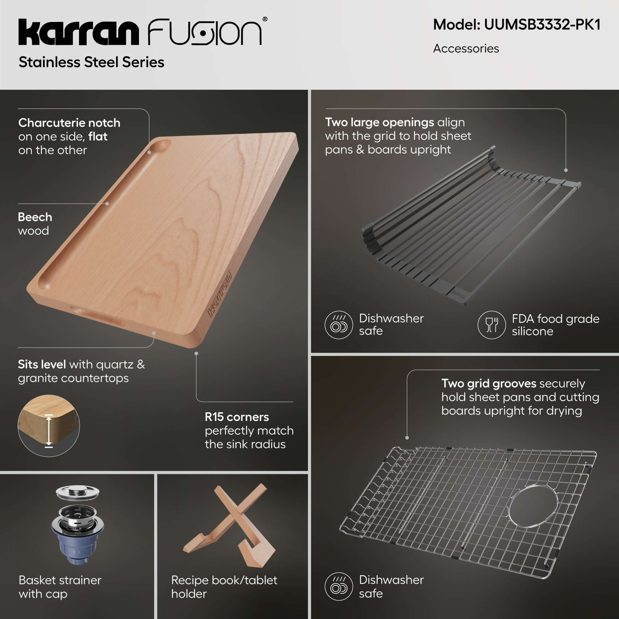 Karran Fusion 33" Undermount Stainless Steel Workstation Kitchen Sink with Accessories, 16 Gauge, UUMSB3332-PK1