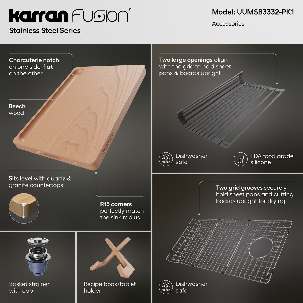 Alternative View of Karran Fusion 33" Undermount Stainless Steel Workstation Kitchen Sink with Accessories, 16 Gauge, UUMSB3332-PK1